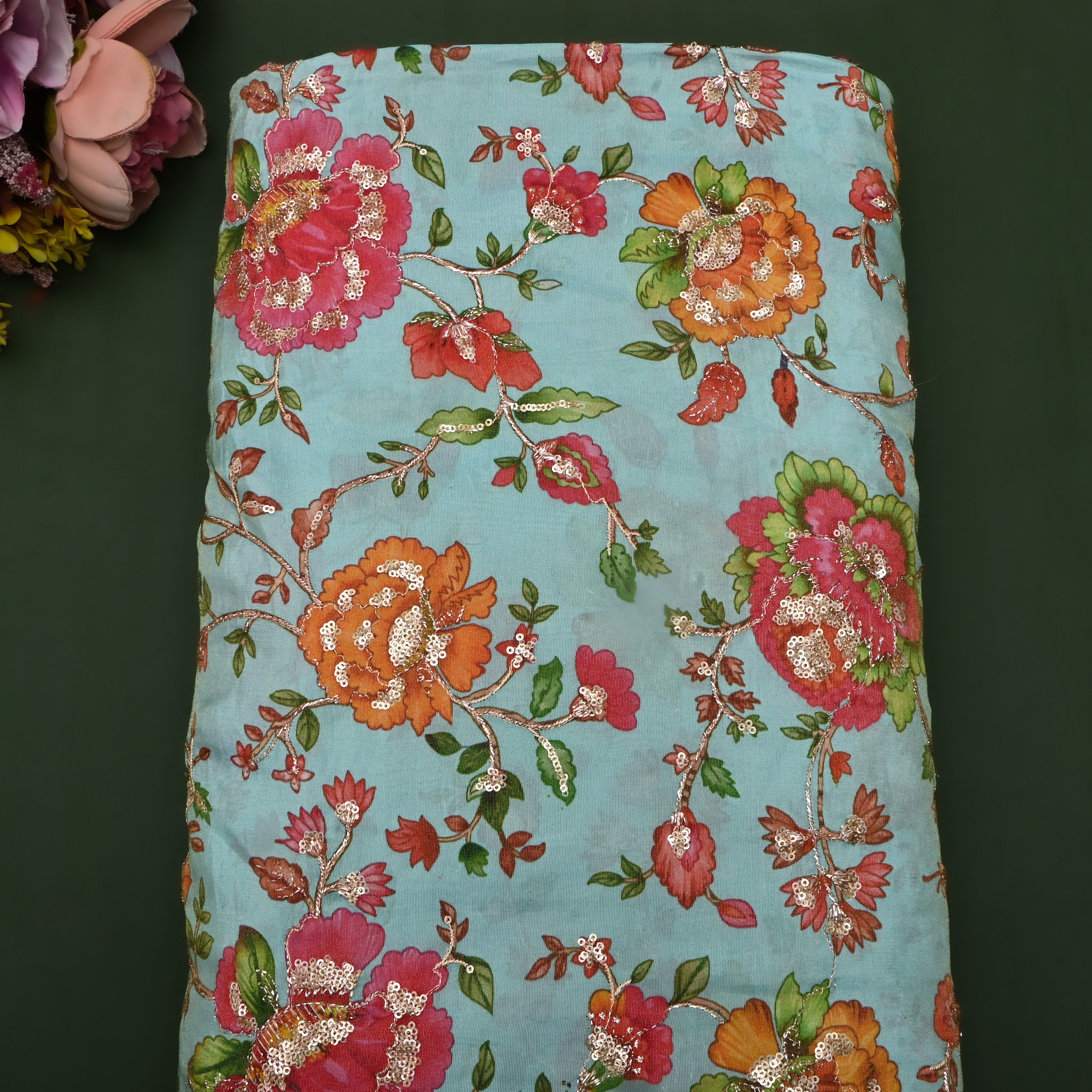 Light Turquoise Floral Printed Tissue Fabric