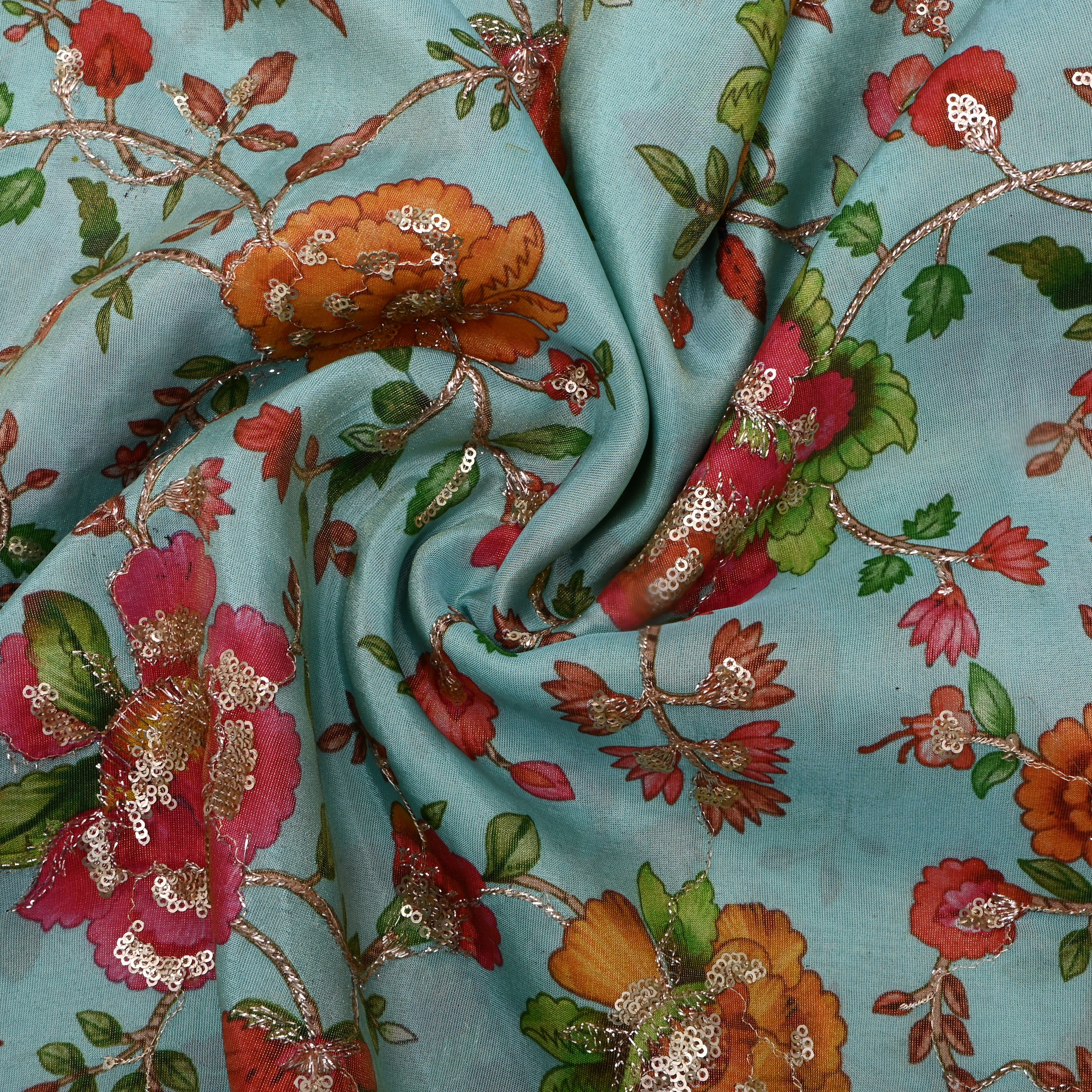 Light Turquoise Floral Printed Tissue Fabric