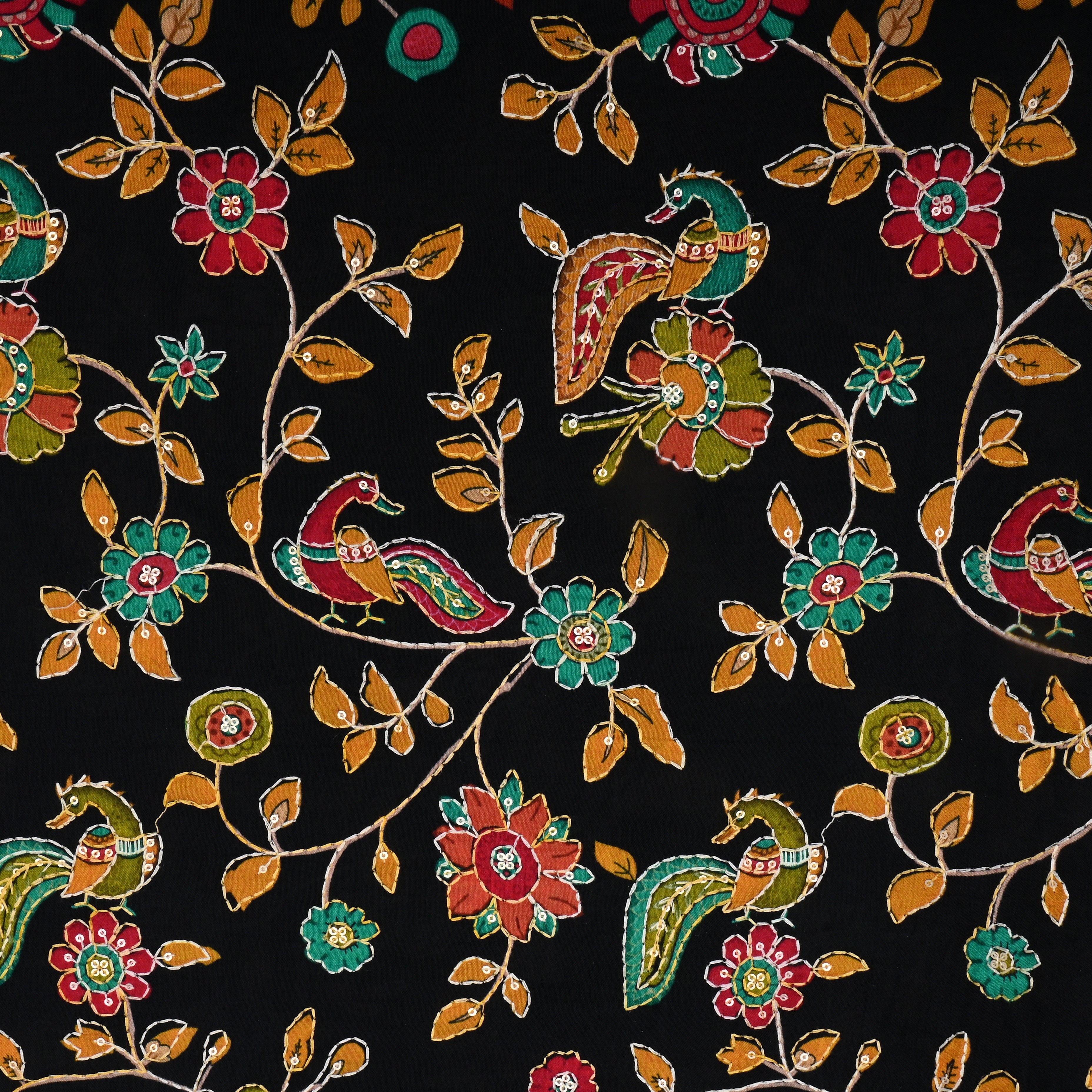 Charcoal Black Kalamkari Printed Silk Fabric