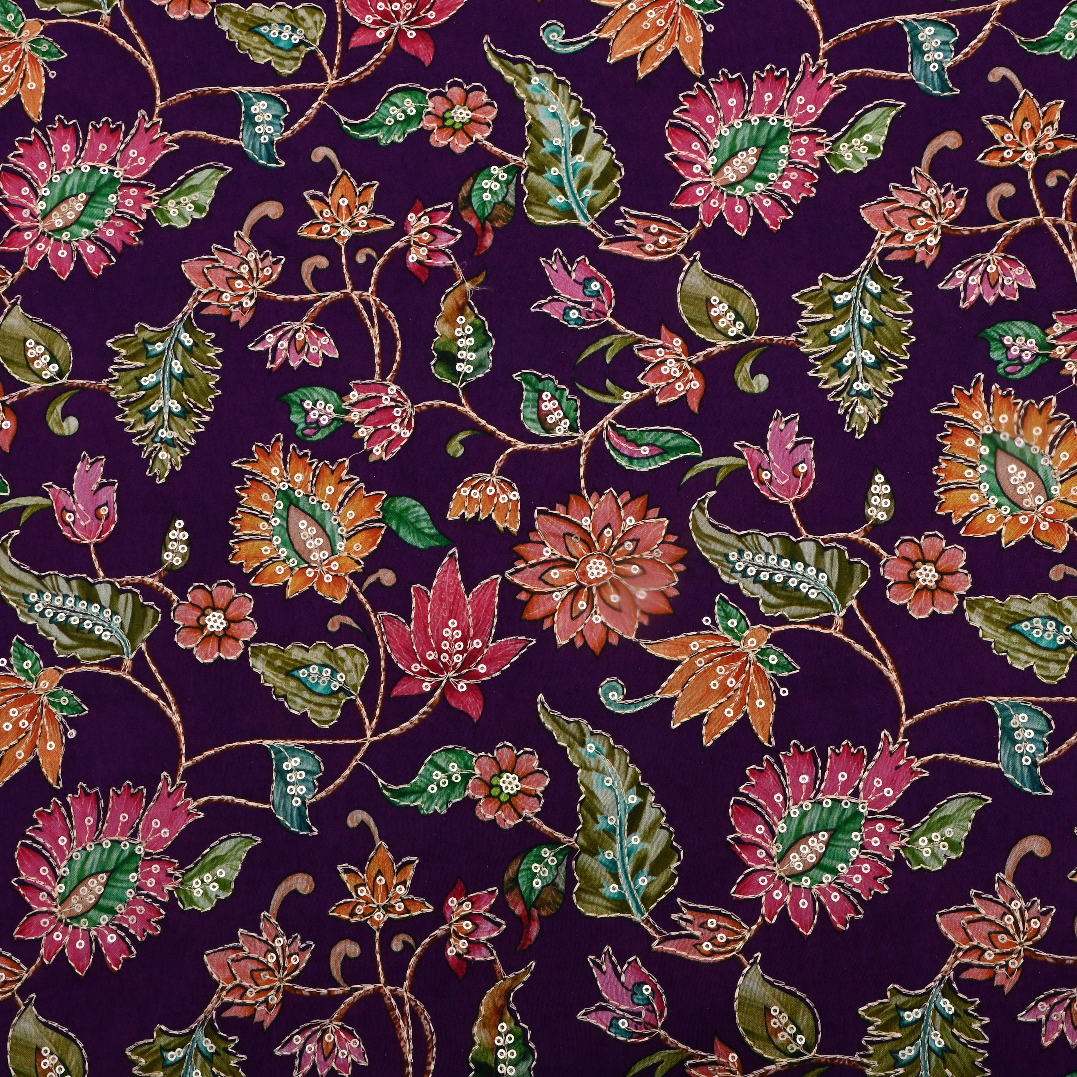 Deep Purple Zari Embroidered Silk Fabric