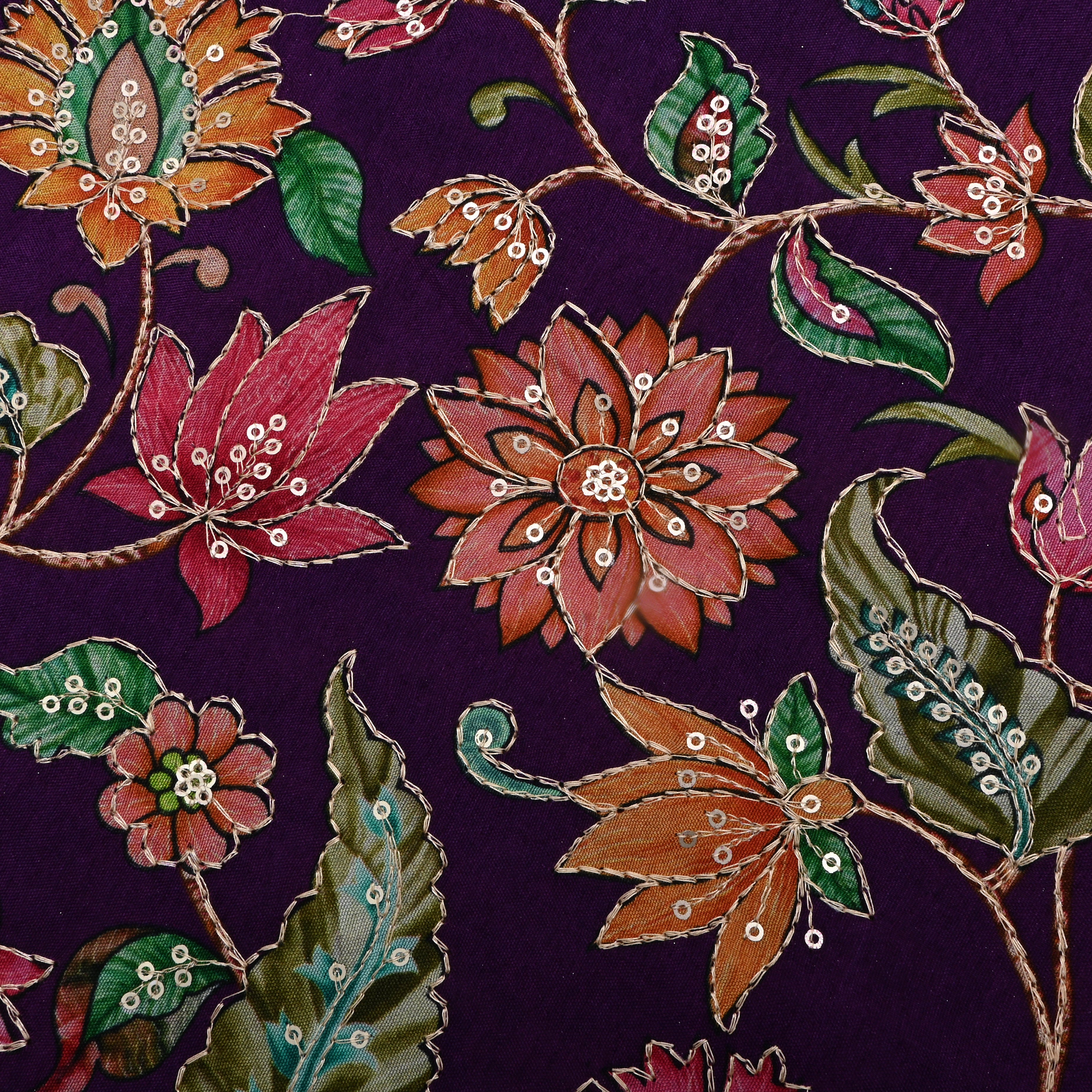 Deep Purple Zari Embroidered Silk Fabric