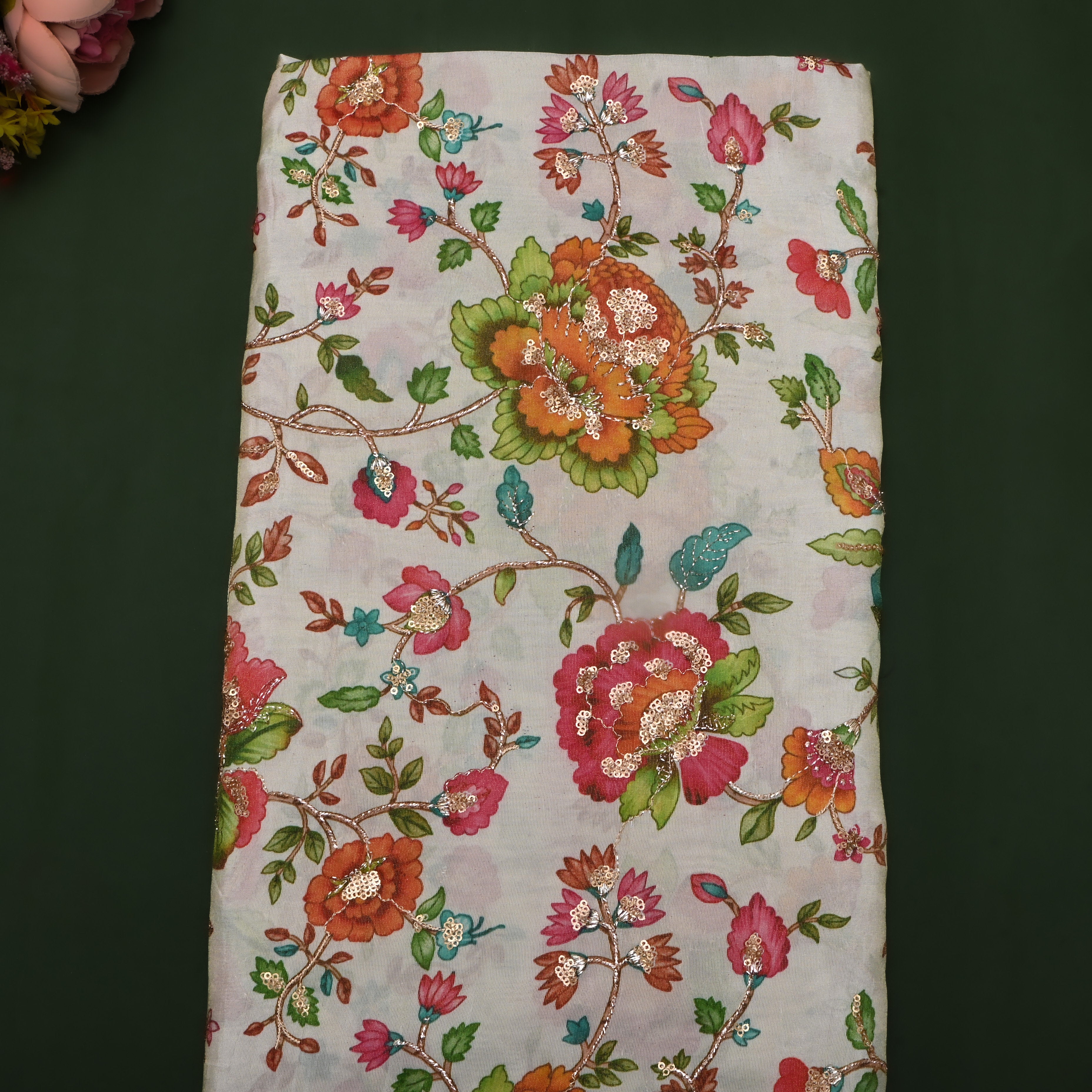 Marble White Floral Printed Tissue Fabric