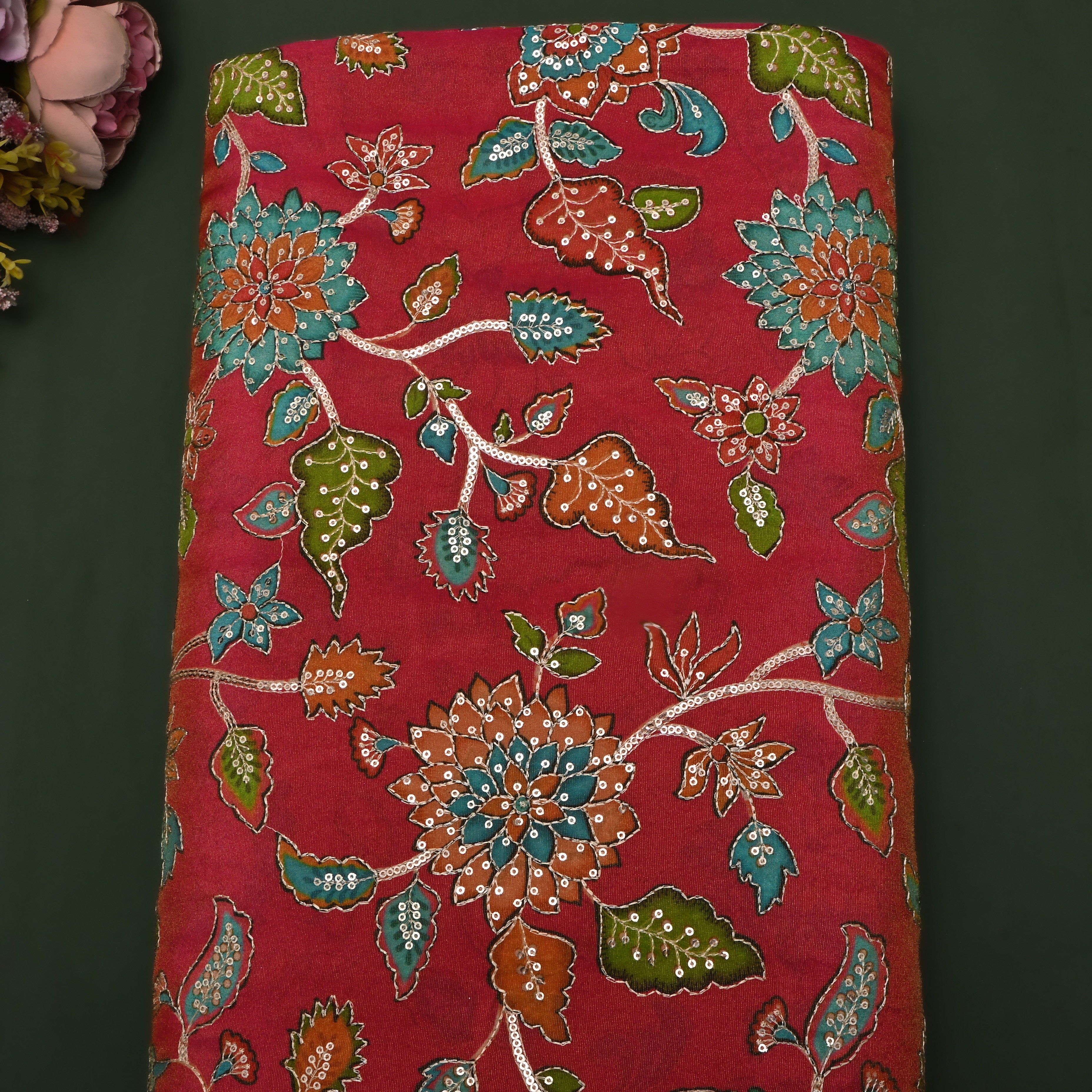 Crimson Red Sequin Embroidered Tissue Fabric