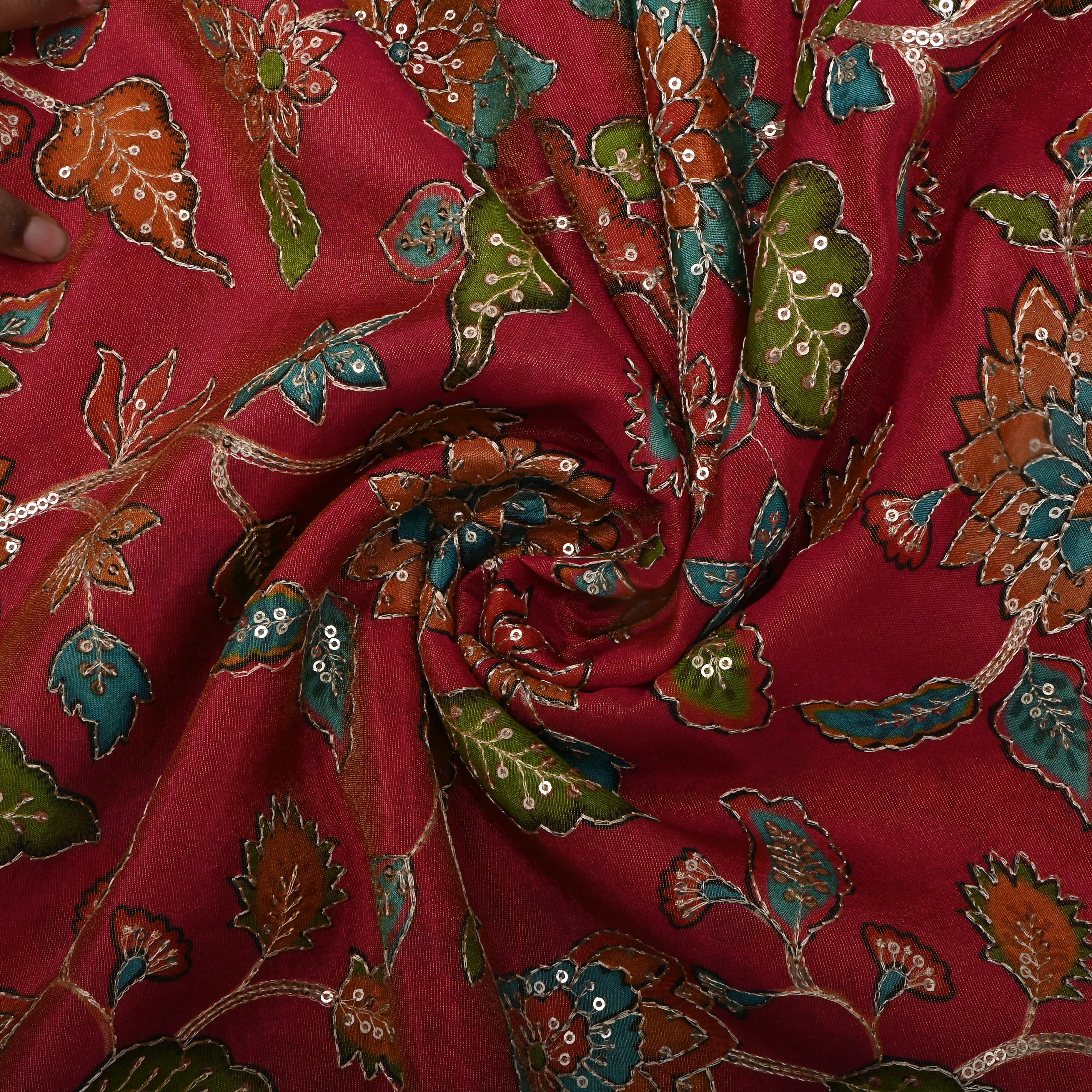 Crimson Red Sequin Embroidered Tissue Fabric