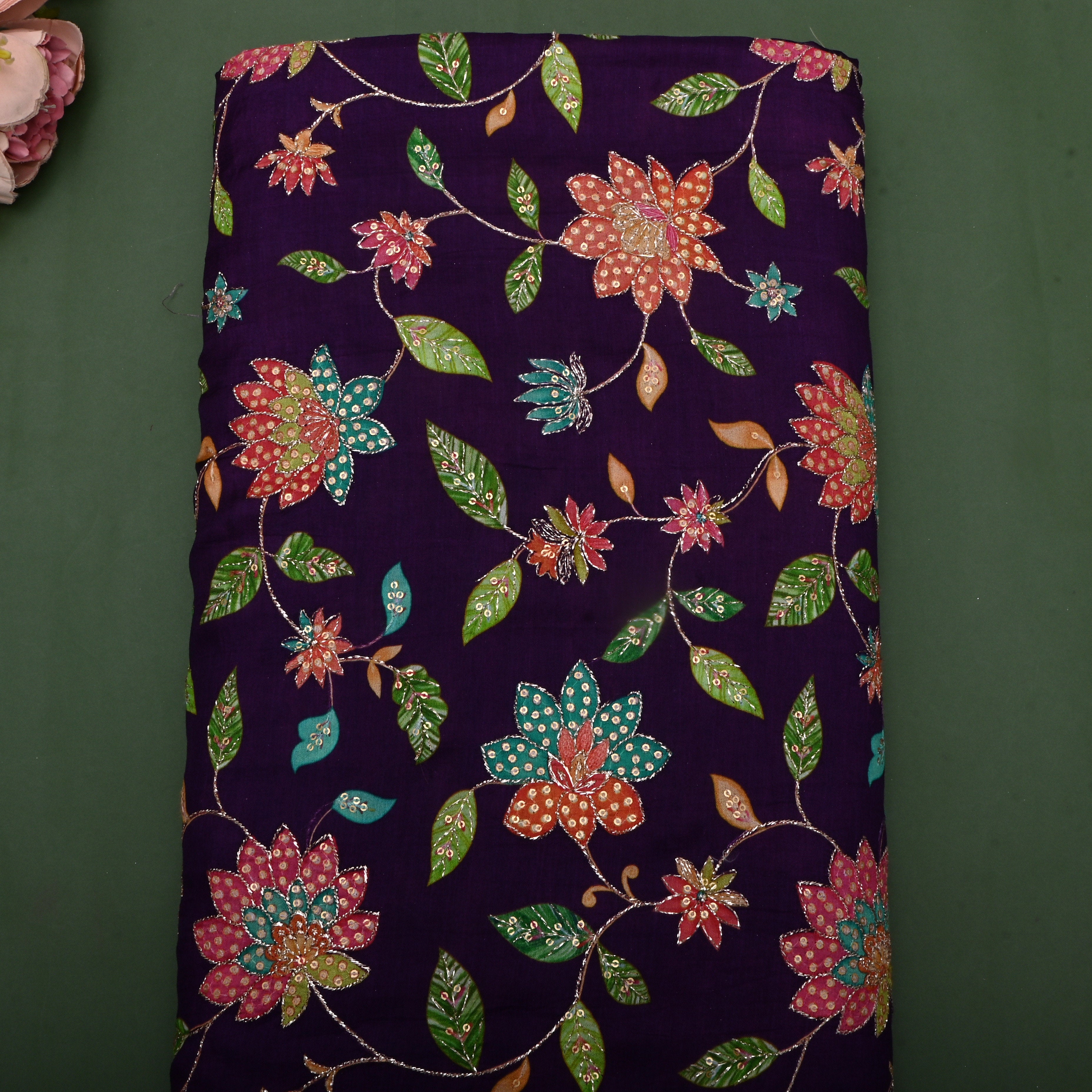 Pure Purple Floral Printed Silk Fabric