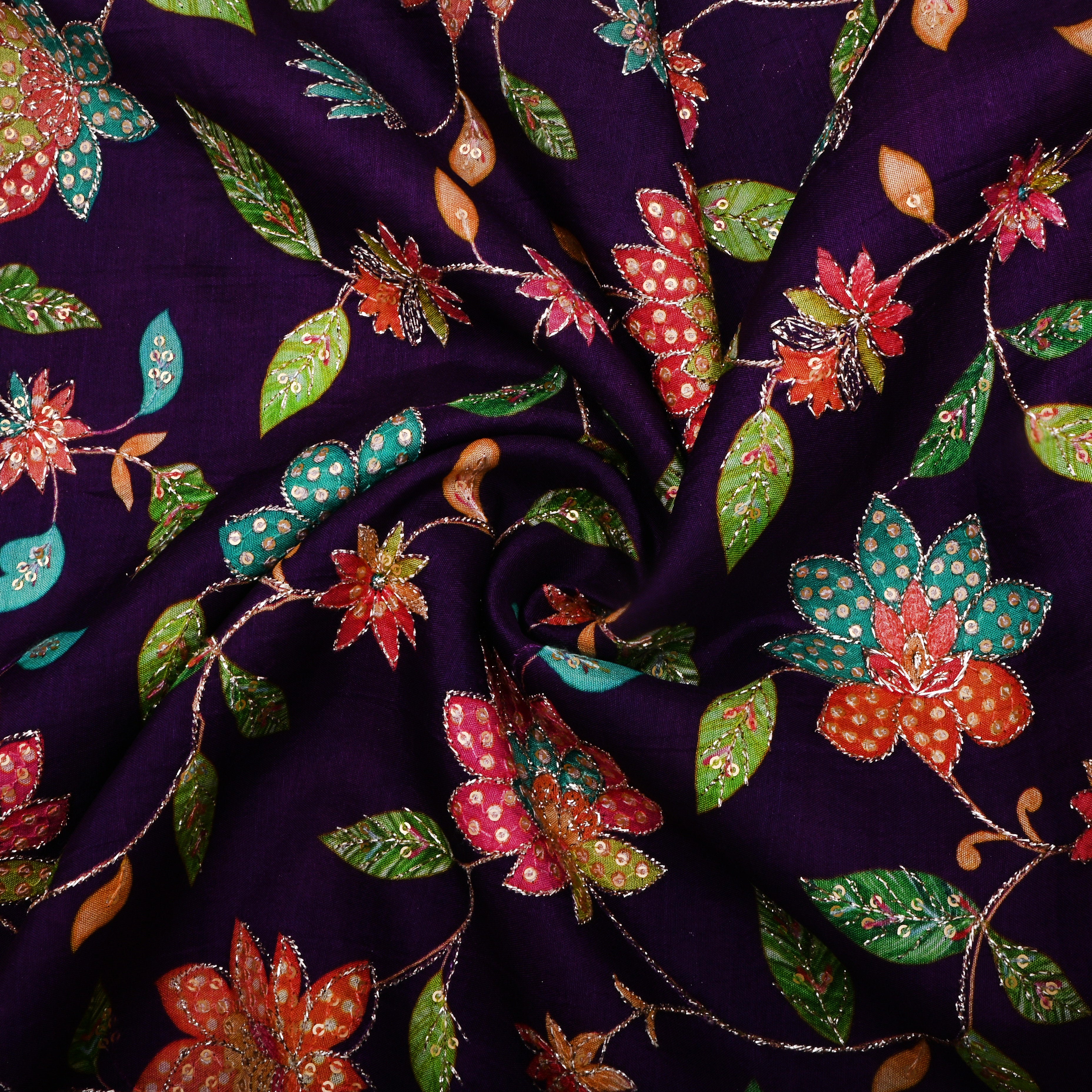 Pure Purple Floral Printed Silk Fabric