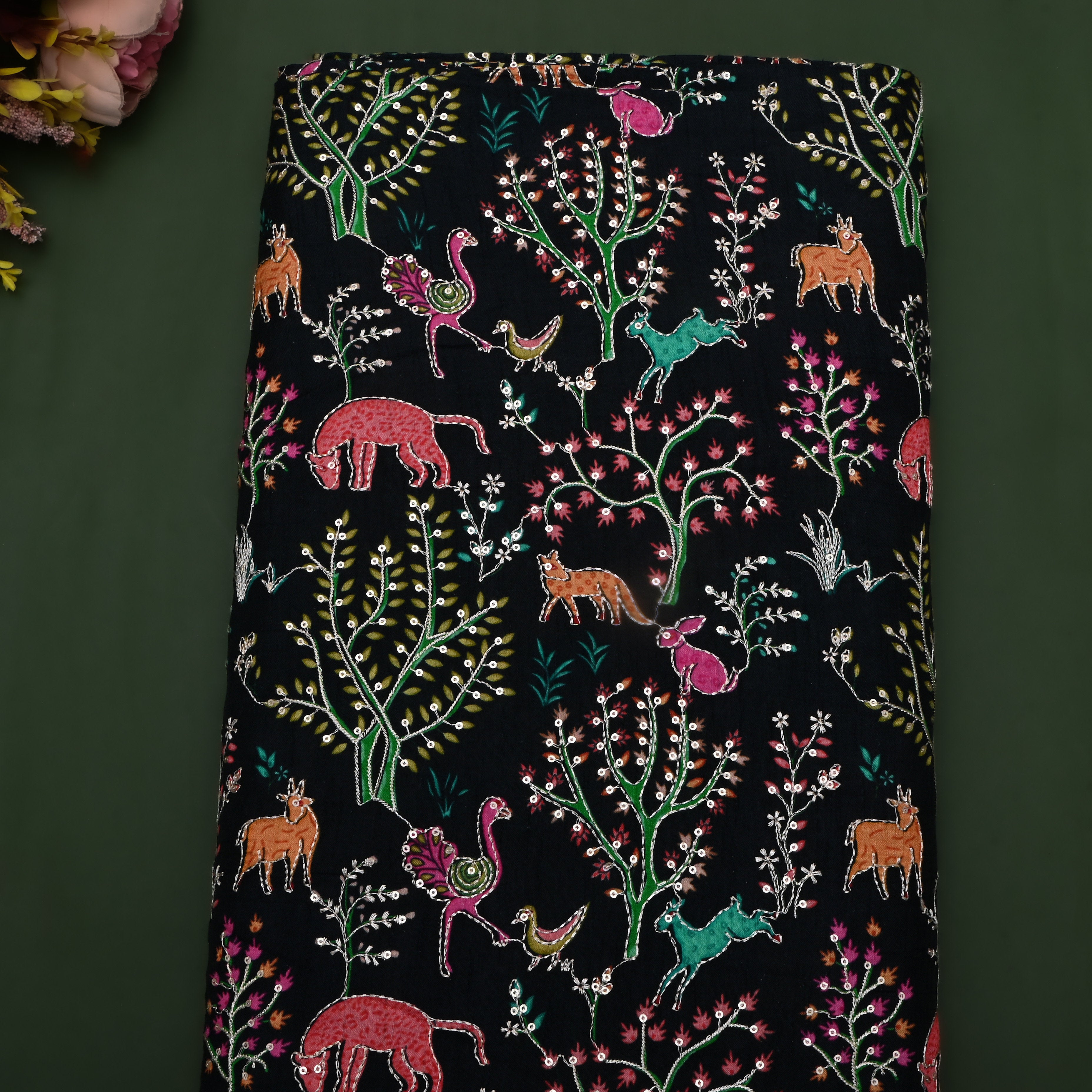 Black Jaal Embroidery Silk Fabric