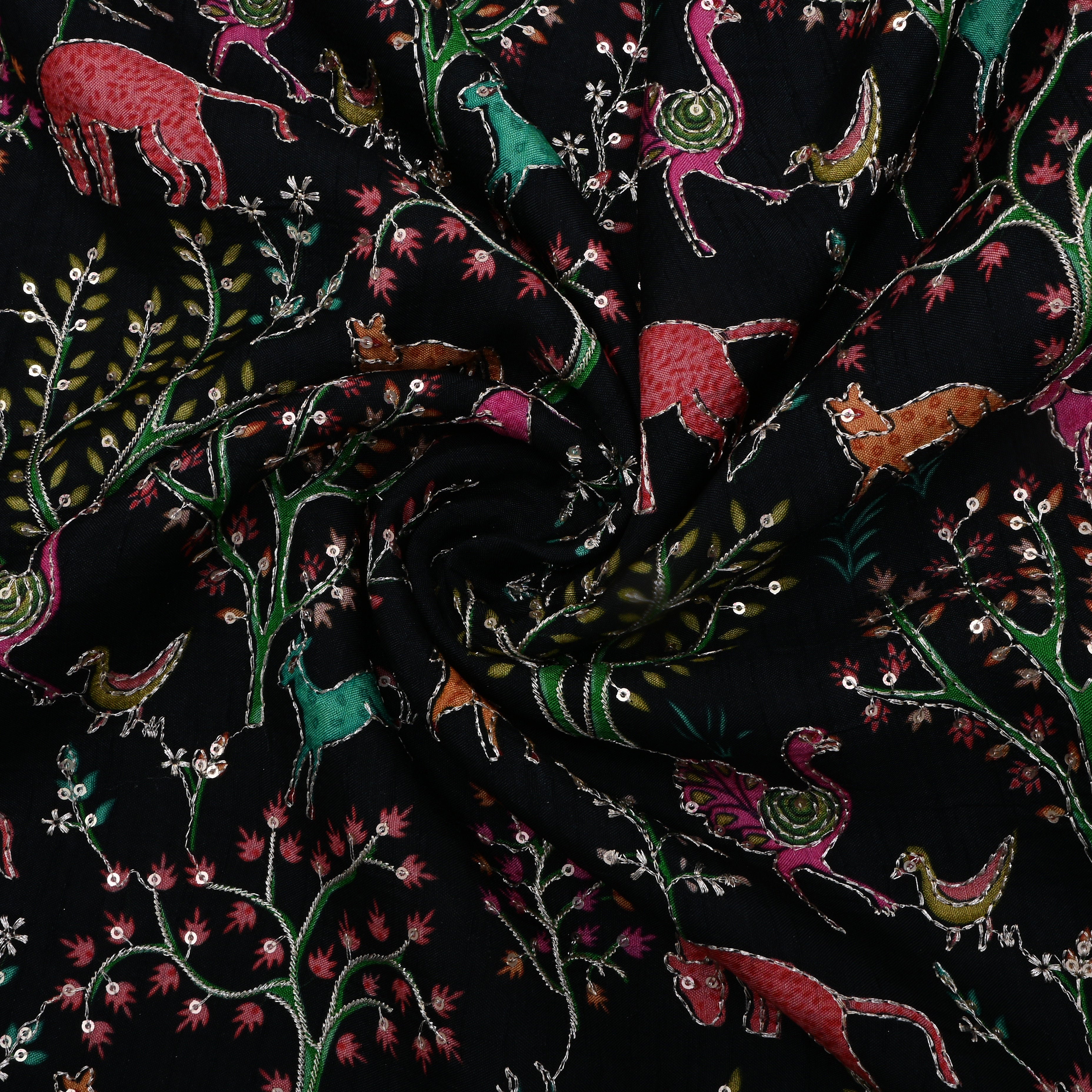 Black Jaal Embroidery Silk Fabric