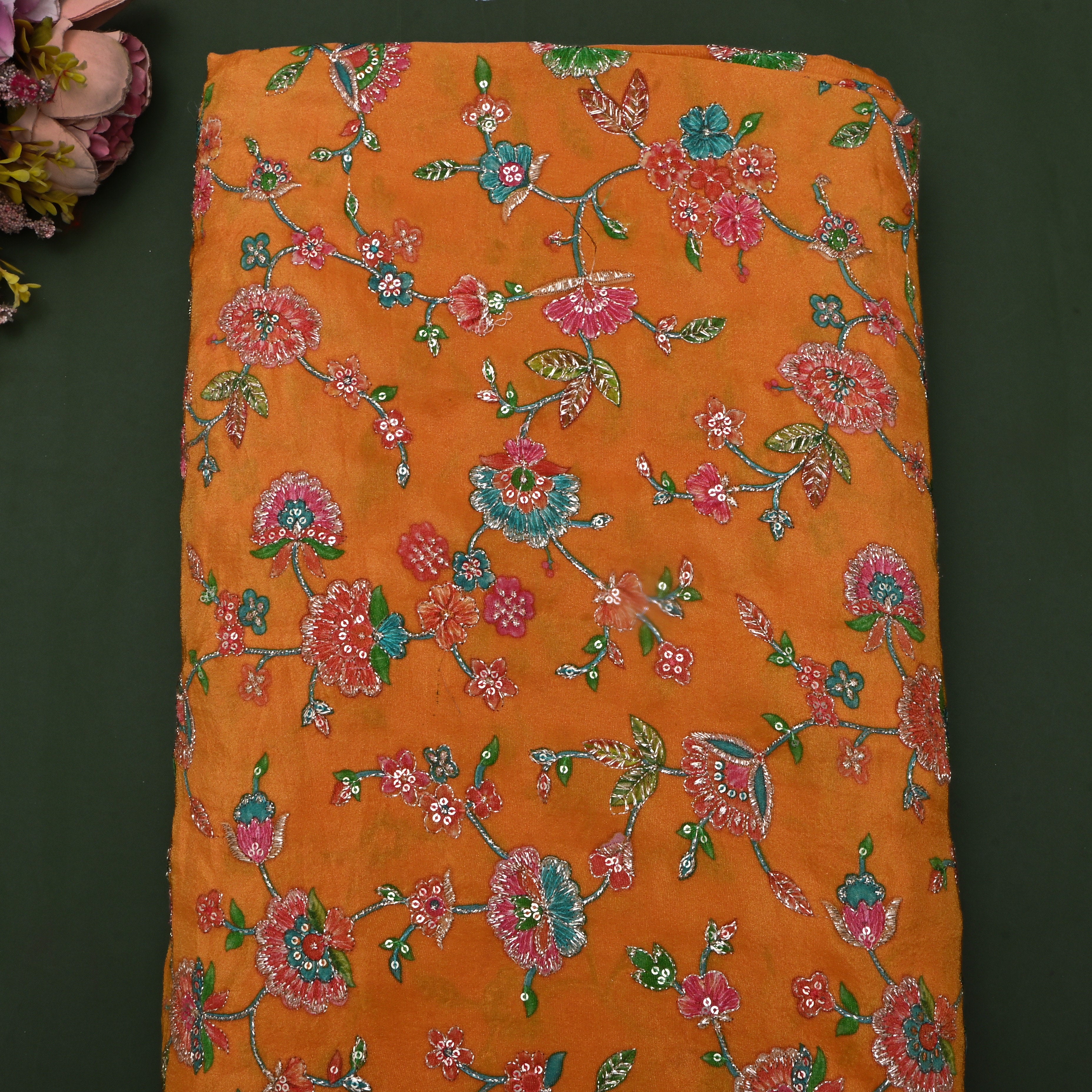 Orange Sequin Embroidered Tissue Fabric