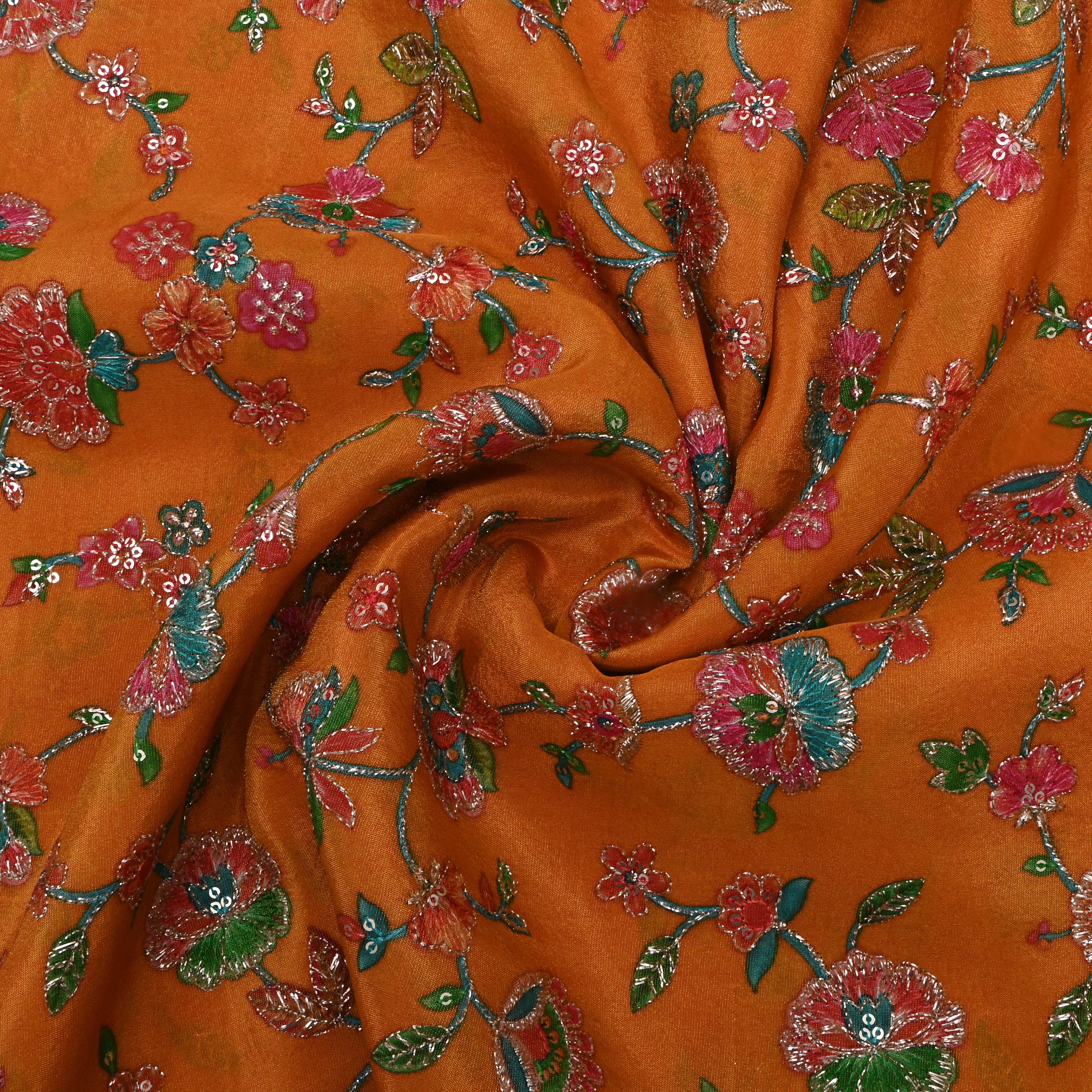 Orange Sequin Embroidered Tissue Fabric