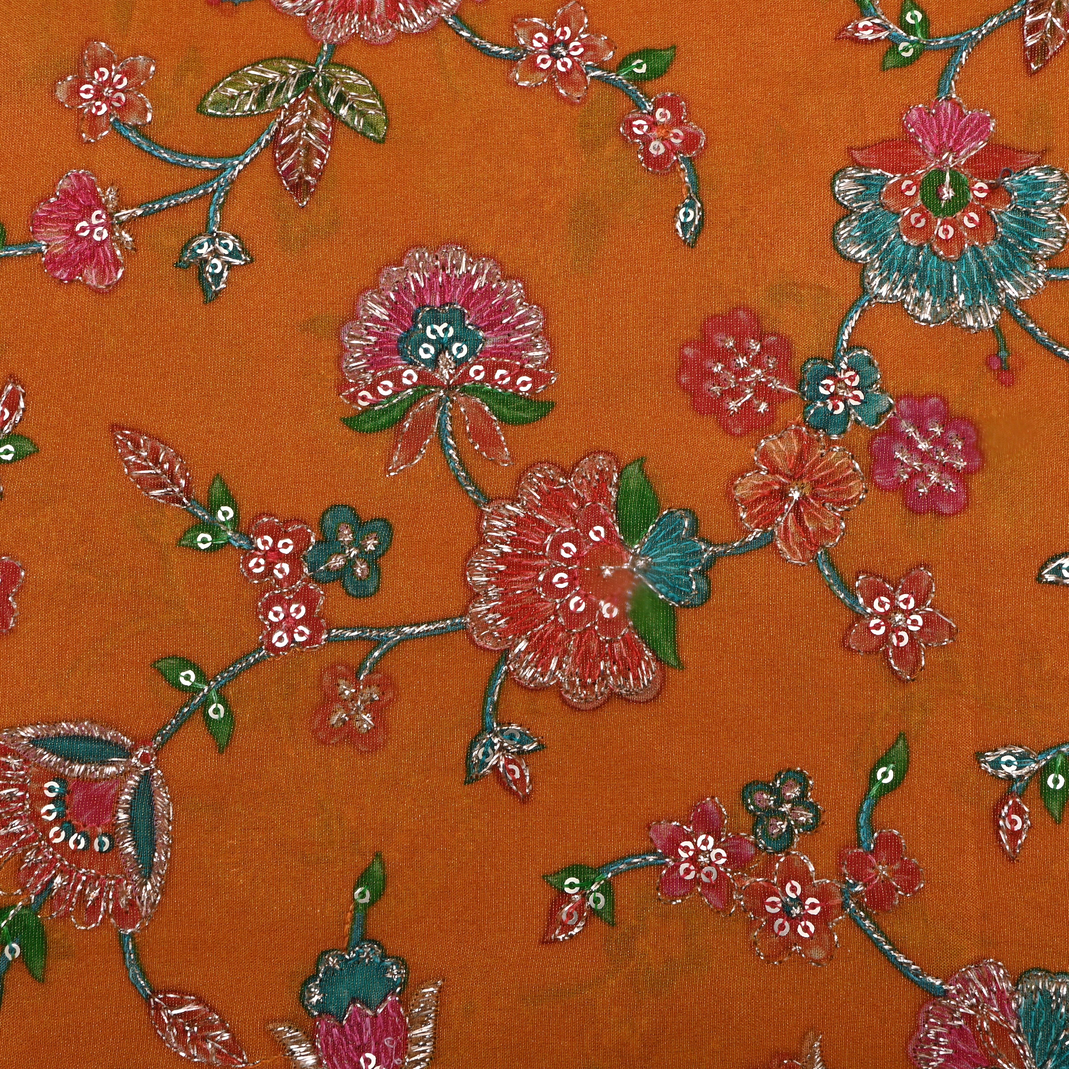 Orange Sequin Embroidered Tissue Fabric