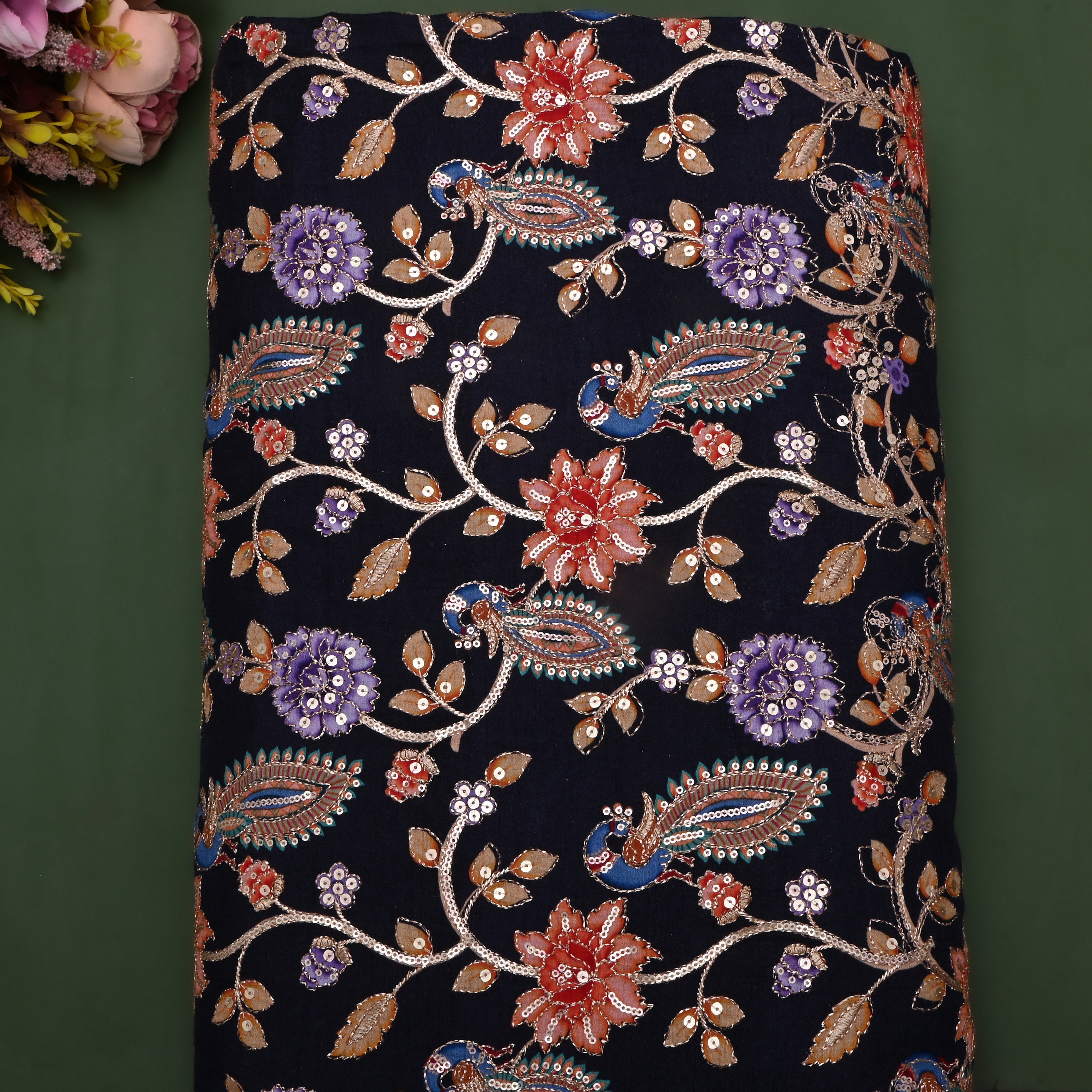 Persian Black Kalamkari Printed Silk Fabric