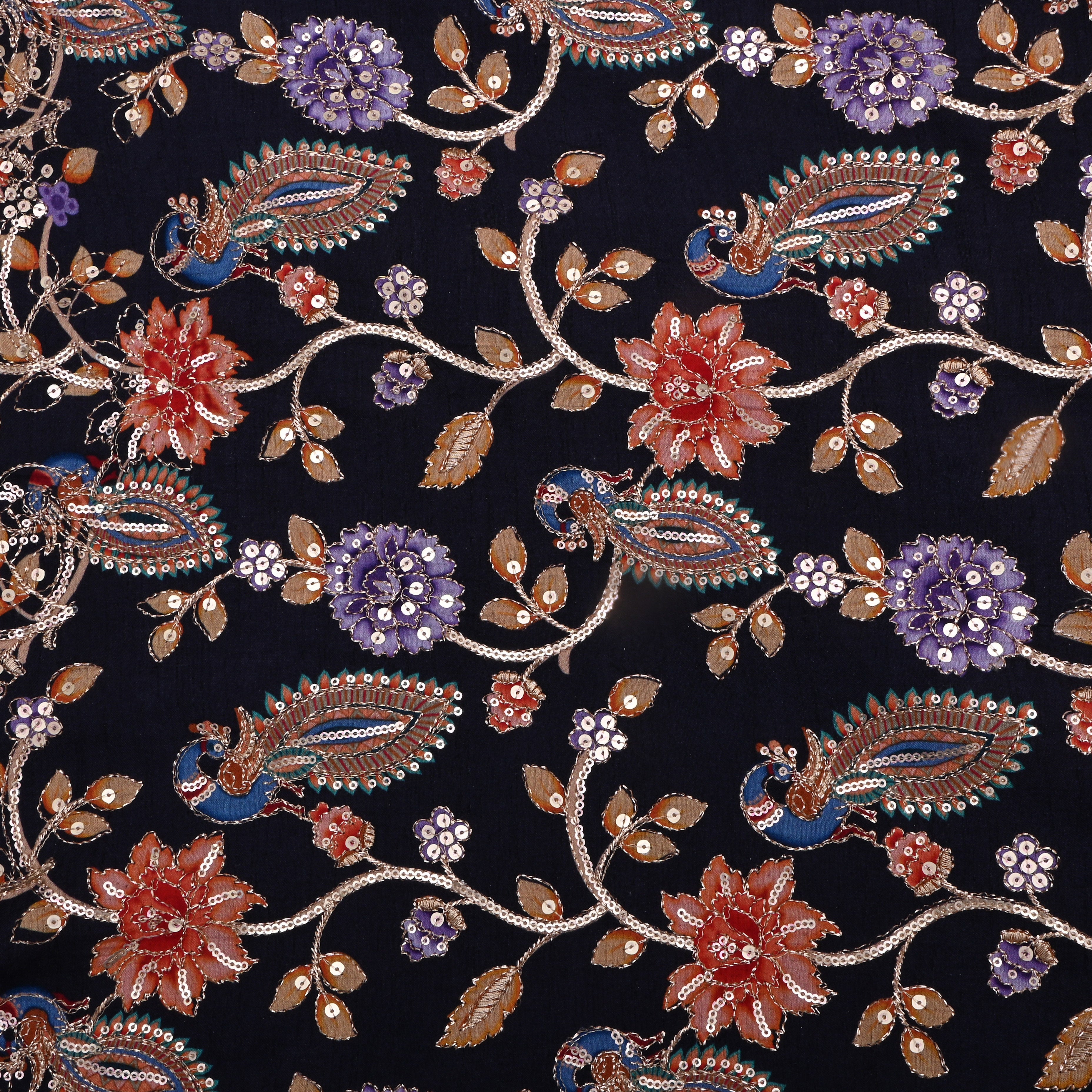 Persian Black Kalamkari Printed Silk Fabric