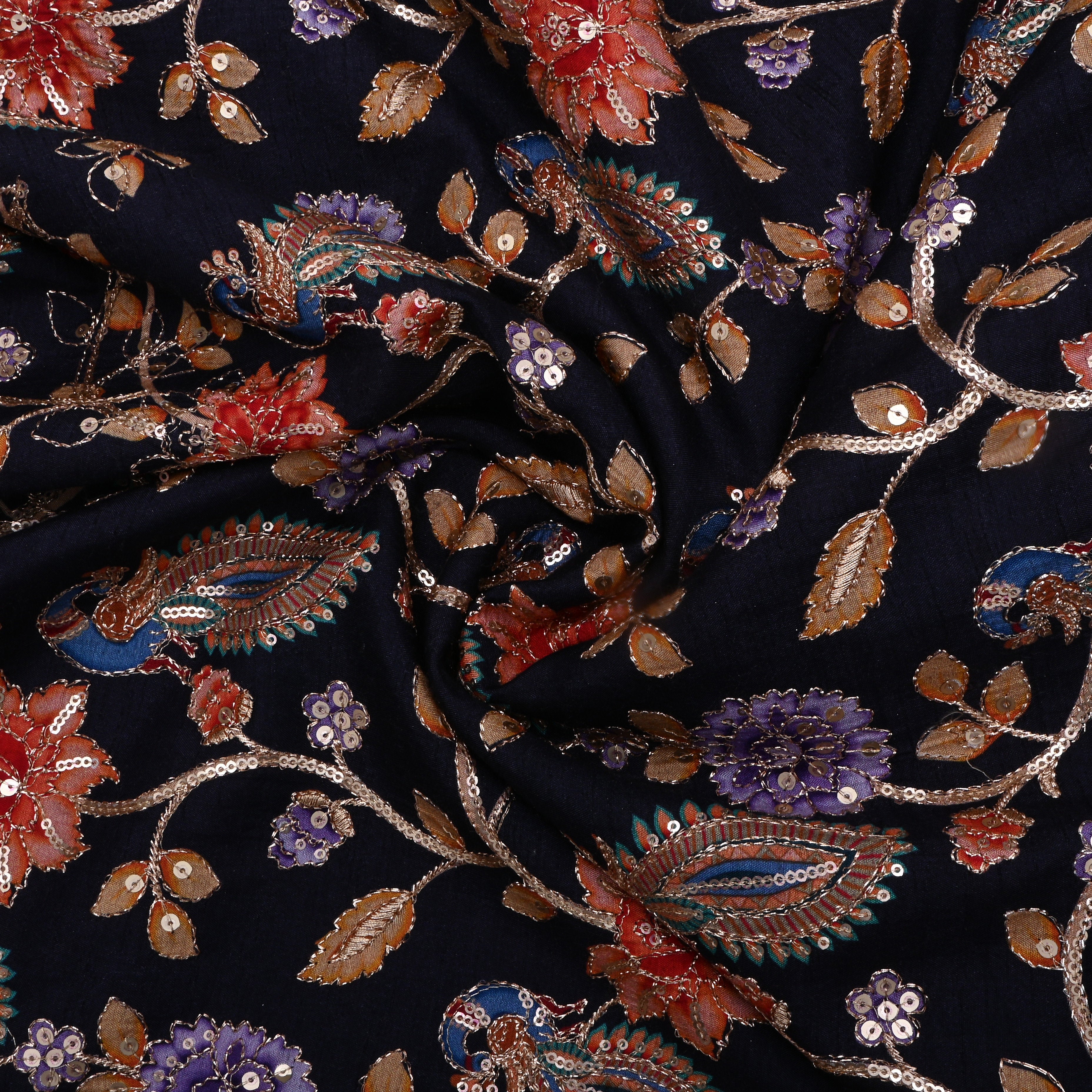 Persian Black Kalamkari Printed Silk Fabric