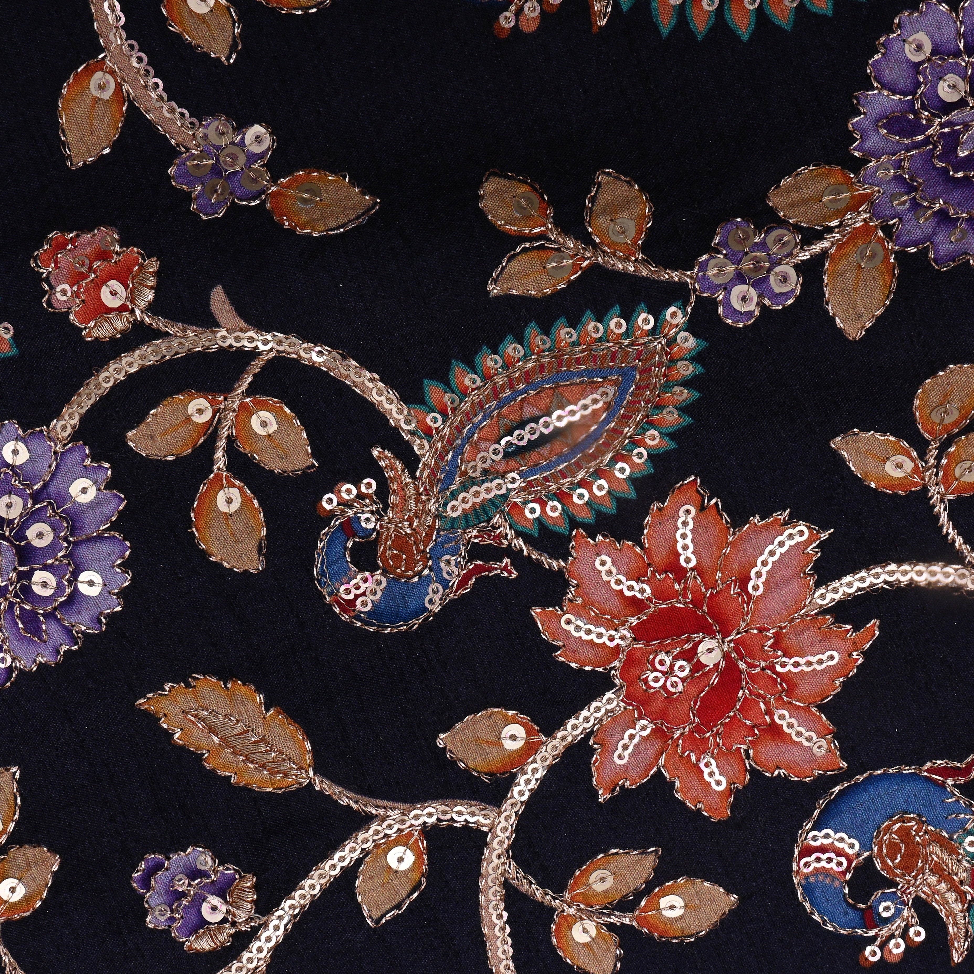 Persian Black Kalamkari Printed Silk Fabric