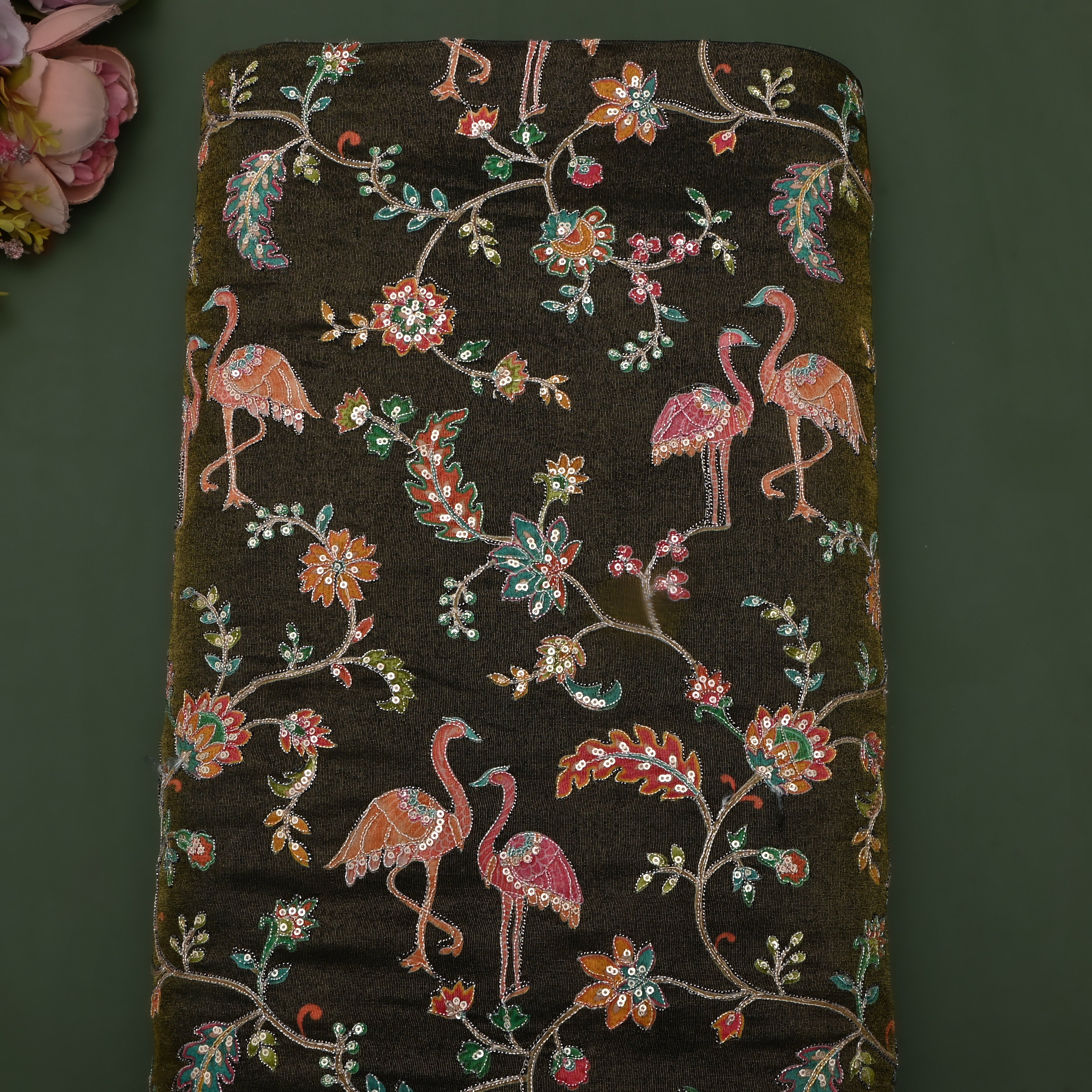 Deep Mehendi Green Floral Printed Tissue Fabric