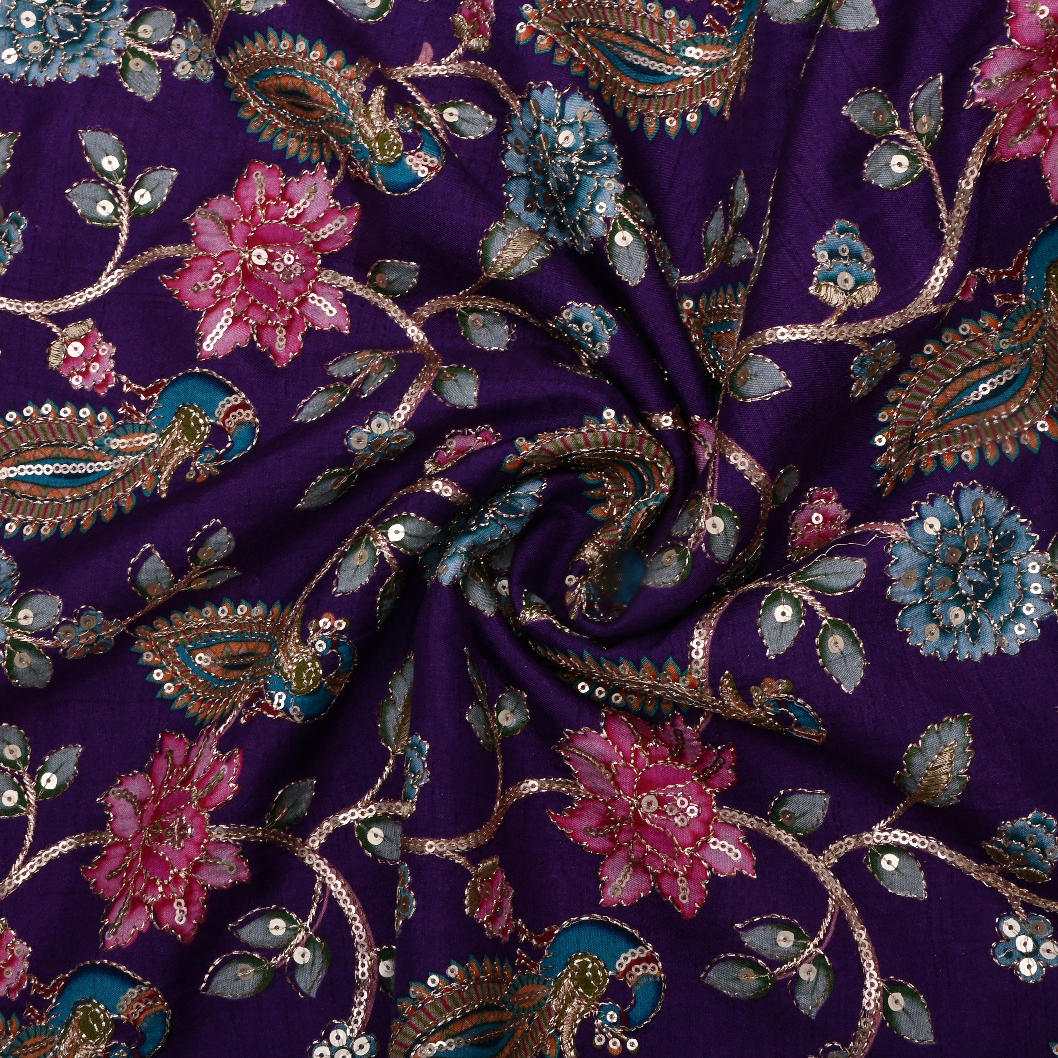 Indigo Floral Printed Silk Fabric