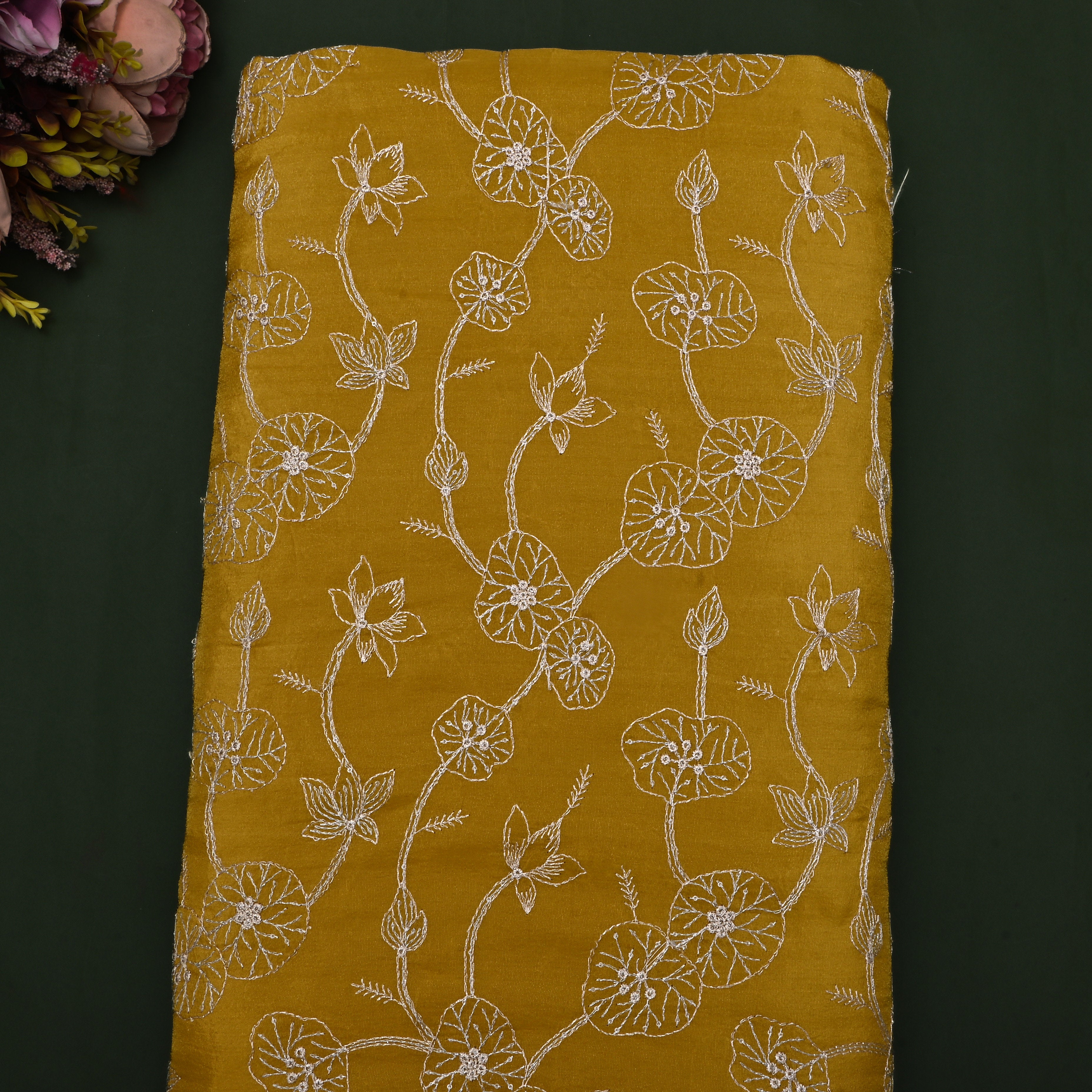 Earthy Yellow Embroidered Tissue Fabric