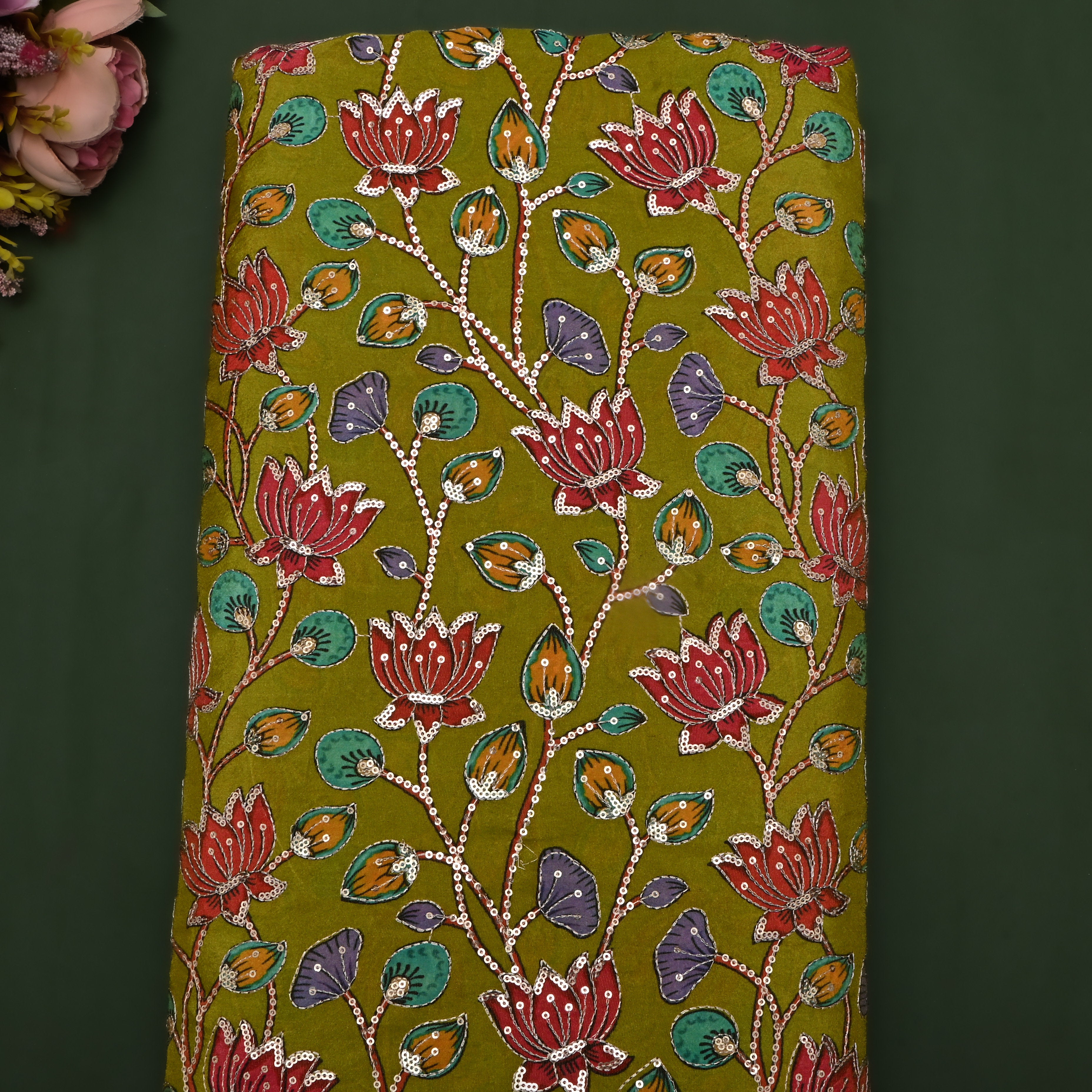 Moss Green Sequin Embroidered Tissue Fabric