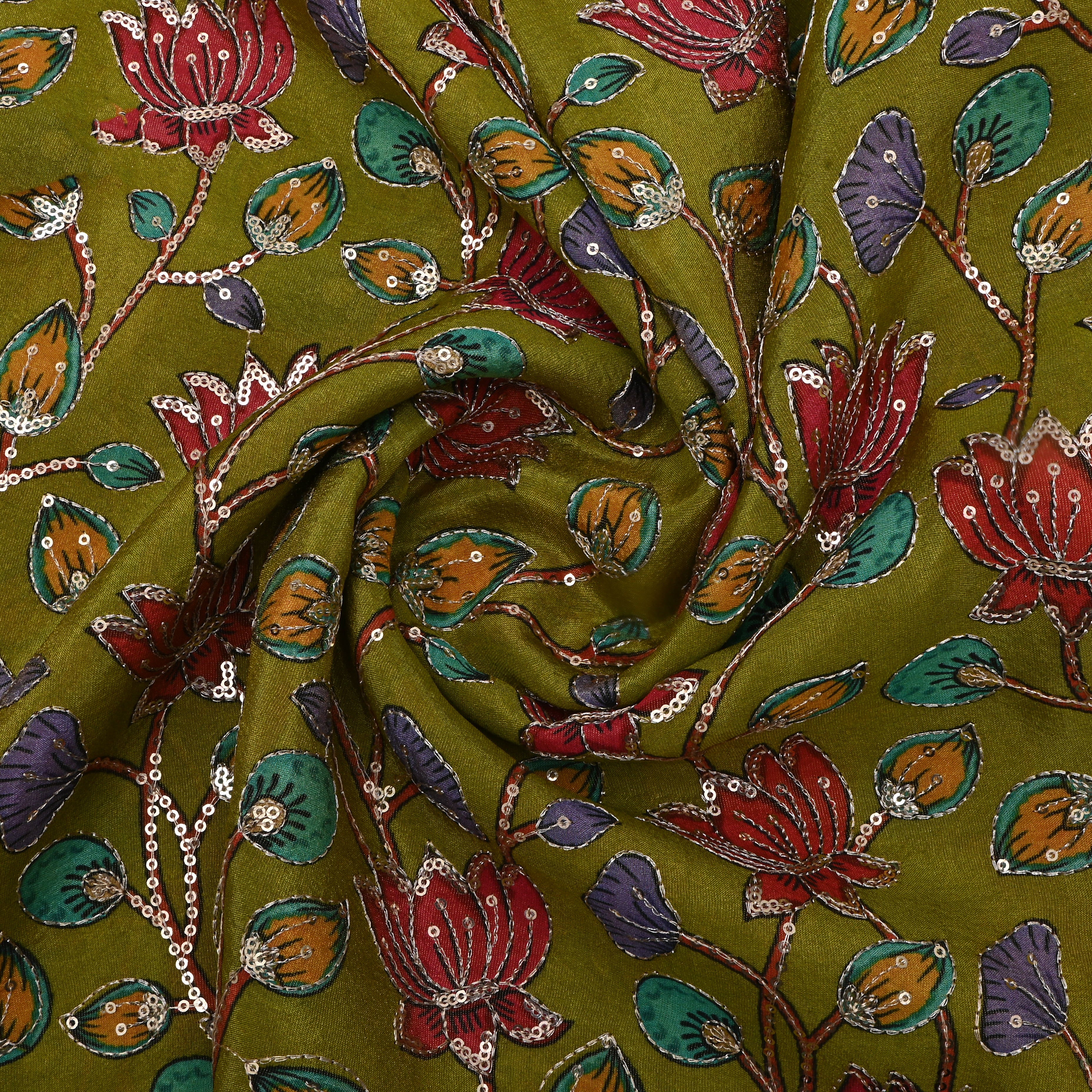 Moss Green Sequin Embroidered Tissue Fabric