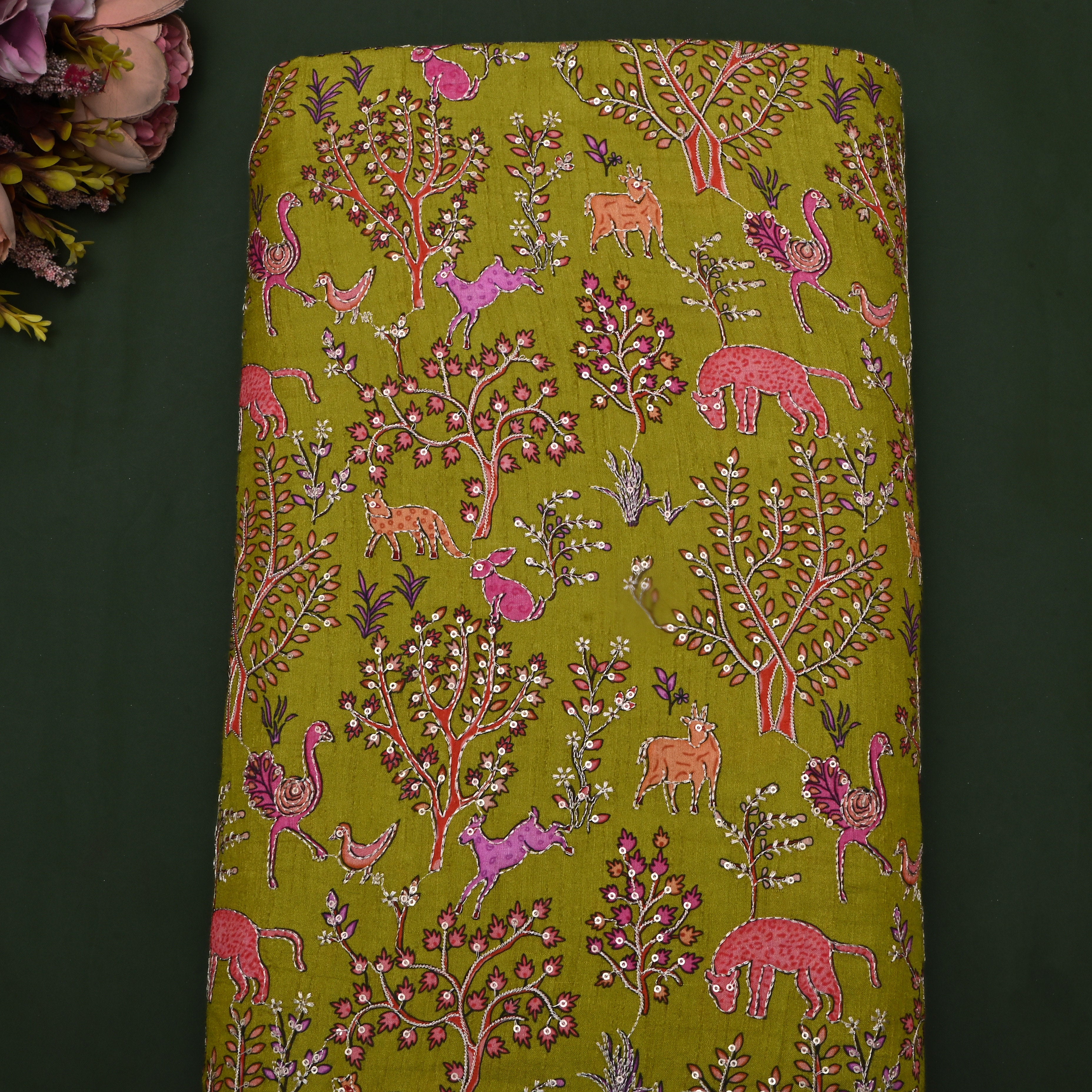 Chinese Green Jaal Embroidery Silk Fabric