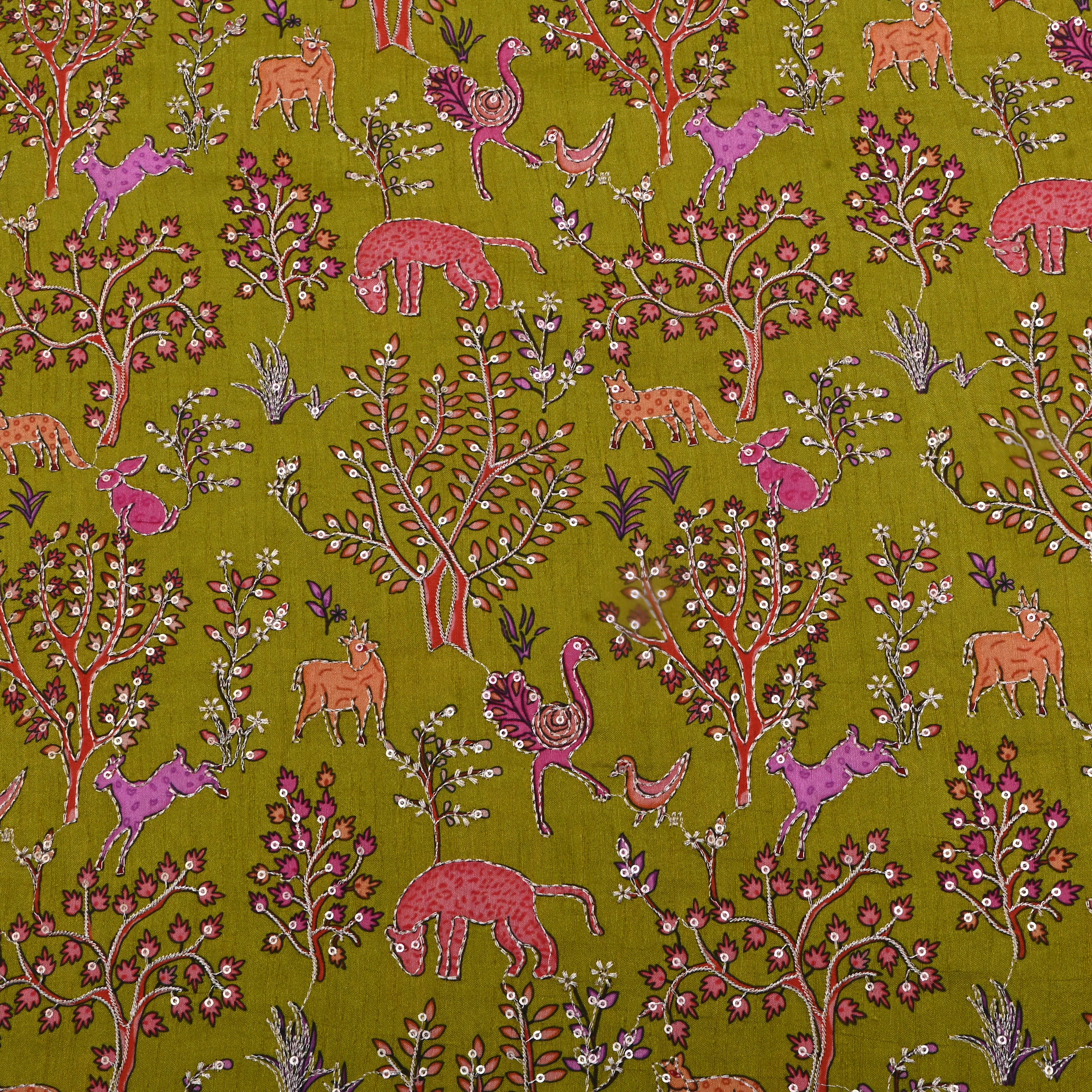 Chinese Green Jaal Embroidery Silk Fabric