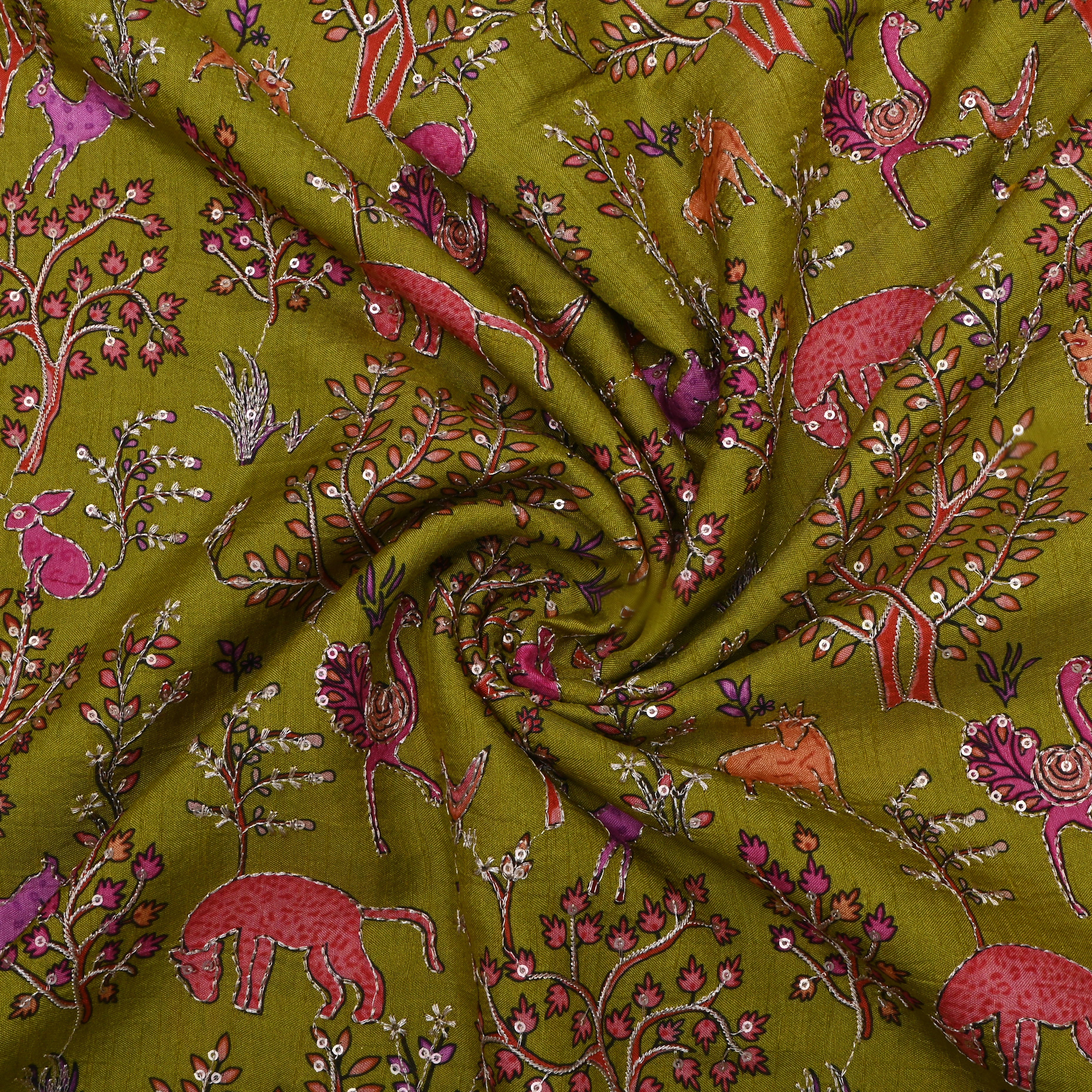 Chinese Green Jaal Embroidery Silk Fabric