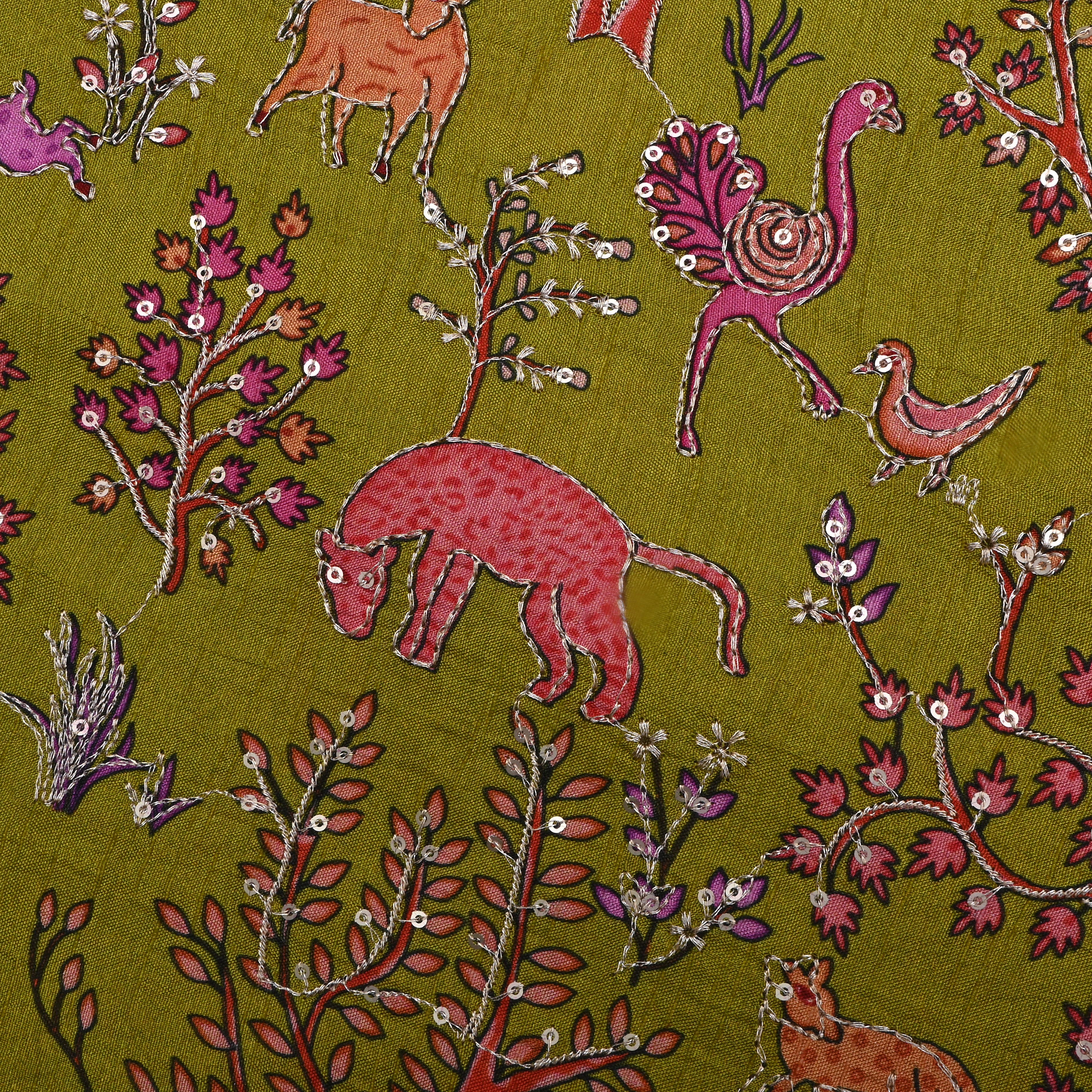 Chinese Green Jaal Embroidery Silk Fabric