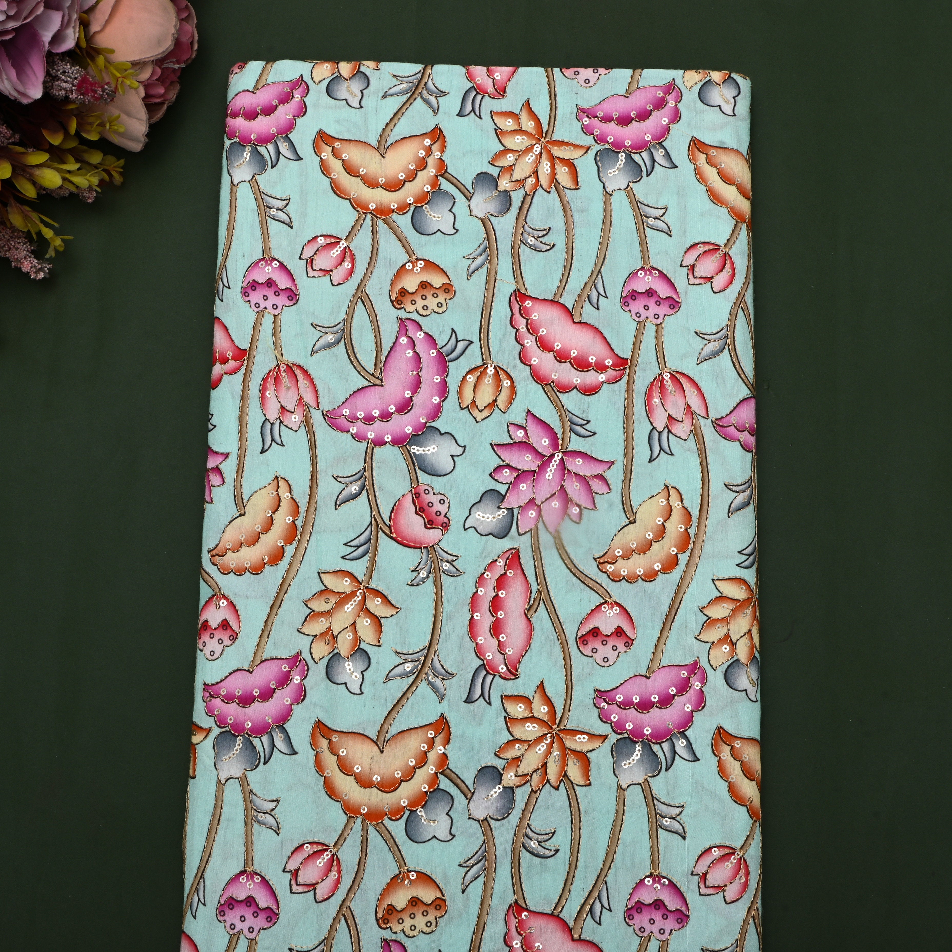 Pastel Blue Floral Printed Silk Fabric