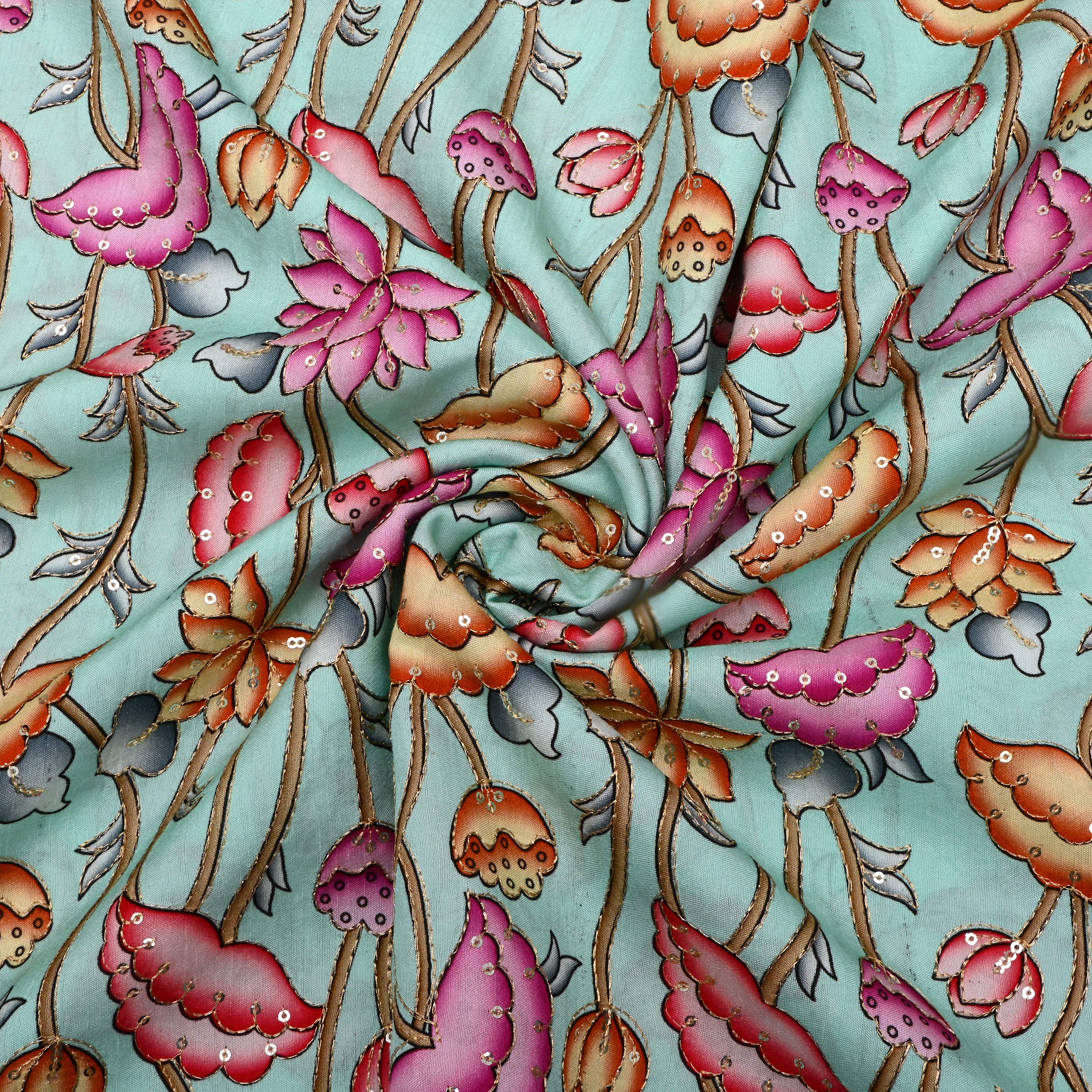 Pastel Blue Floral Printed Silk Fabric