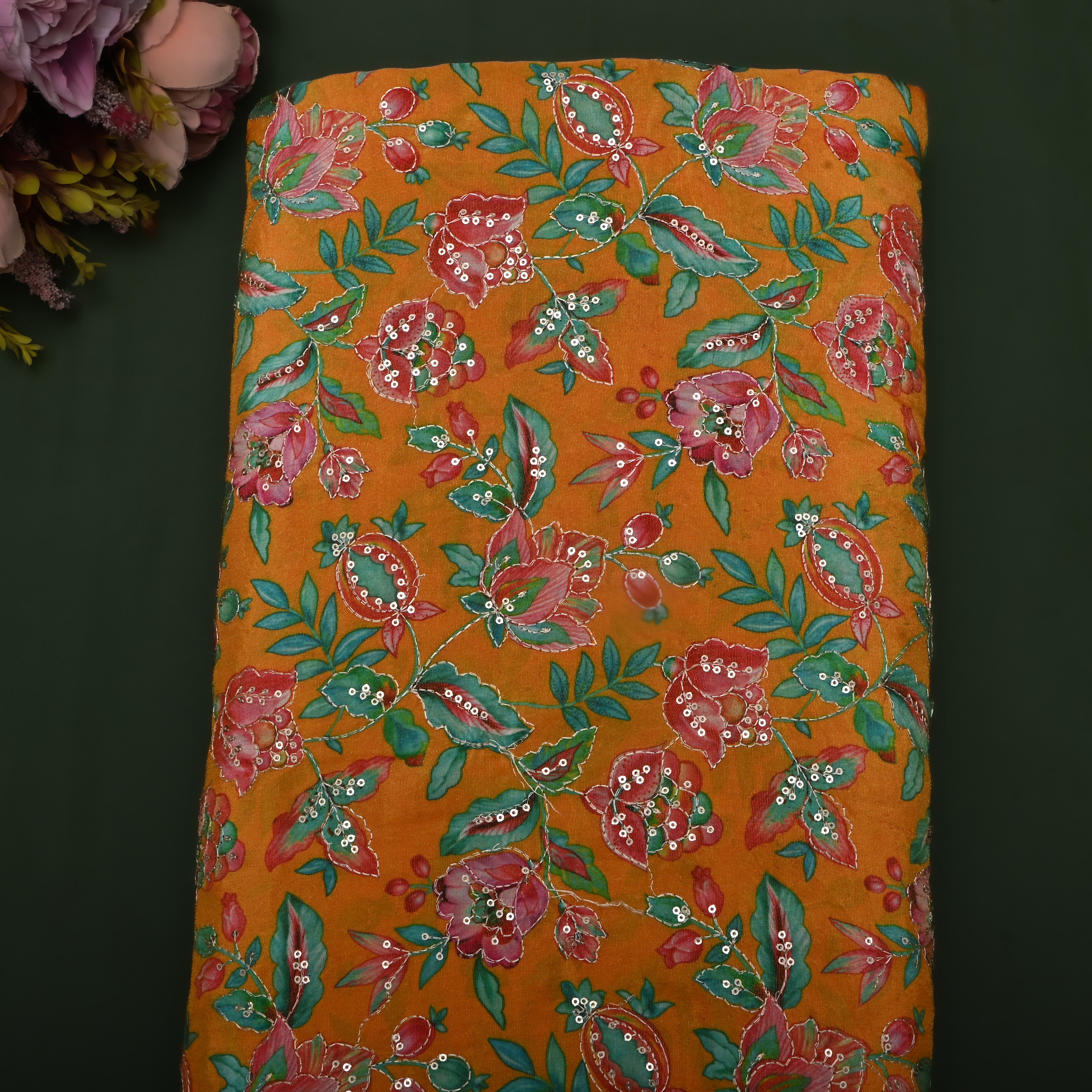 Mustard Yellow Floral Printed Tissue Fabric