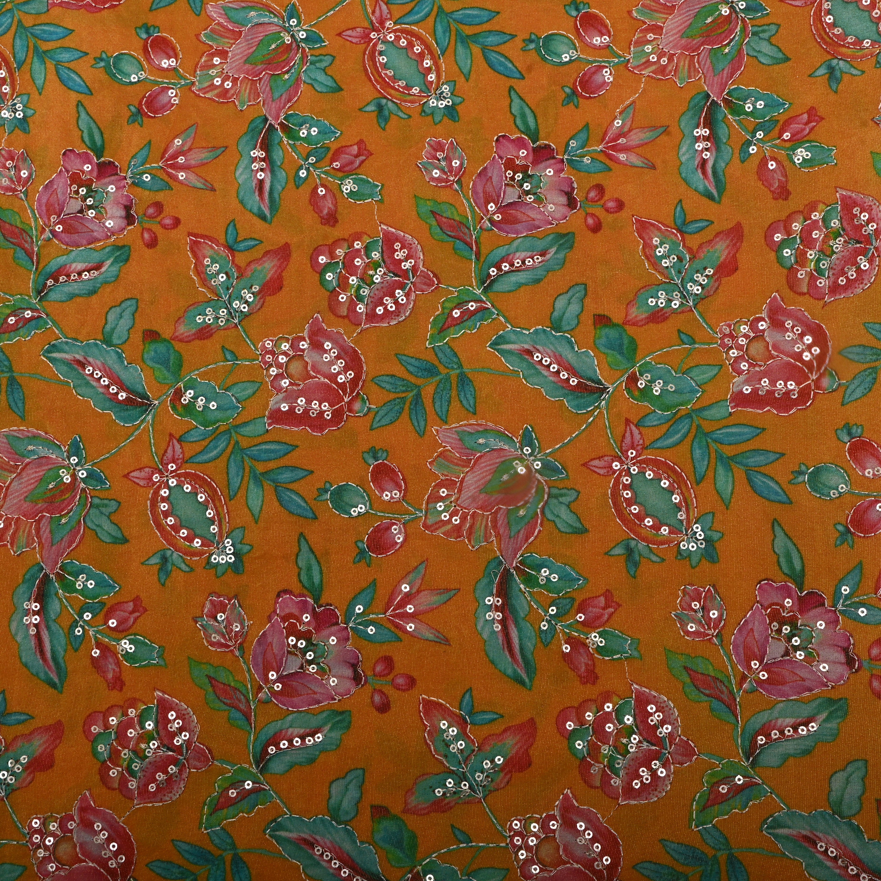 Mustard Yellow Floral Printed Tissue Fabric