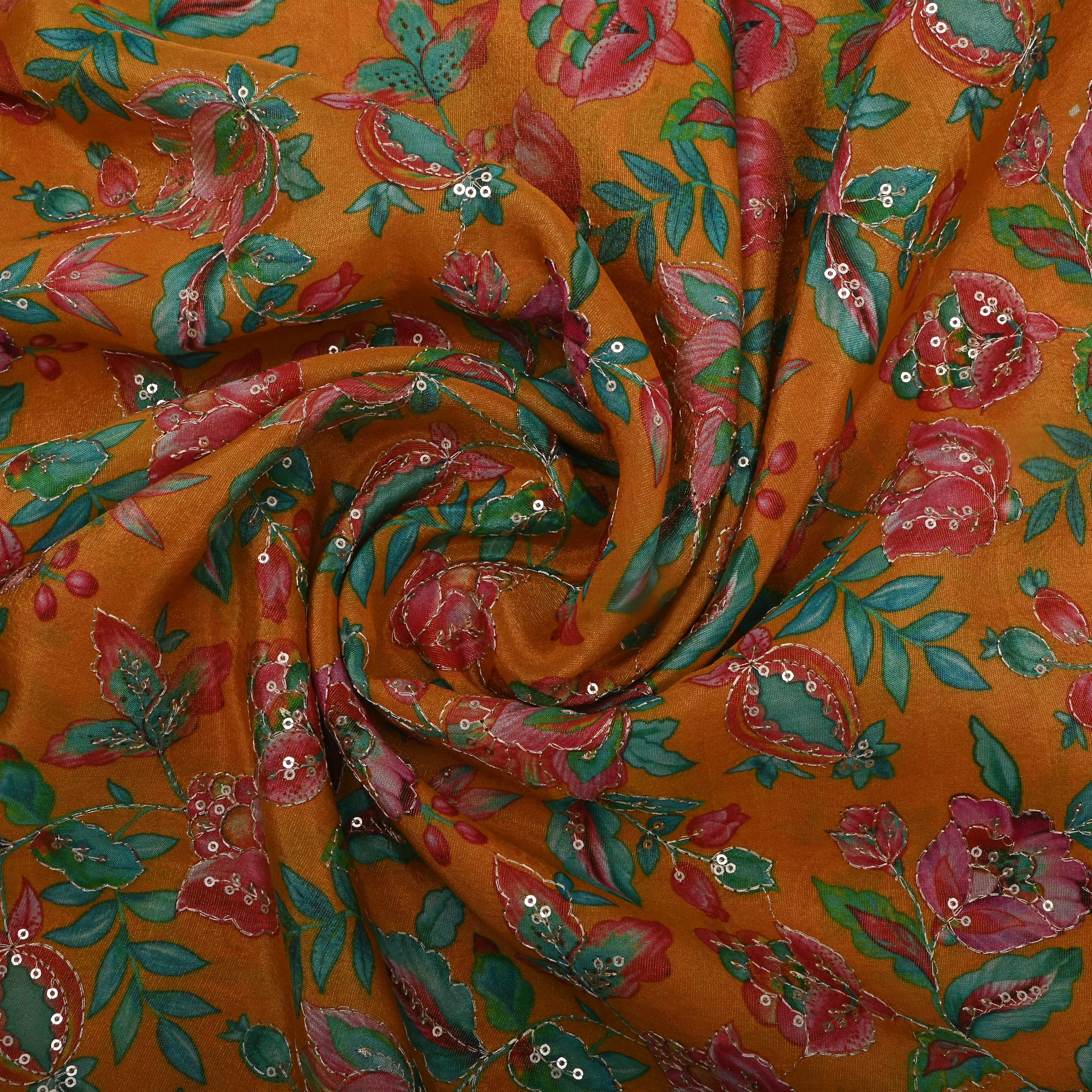 Mustard Yellow Floral Printed Tissue Fabric