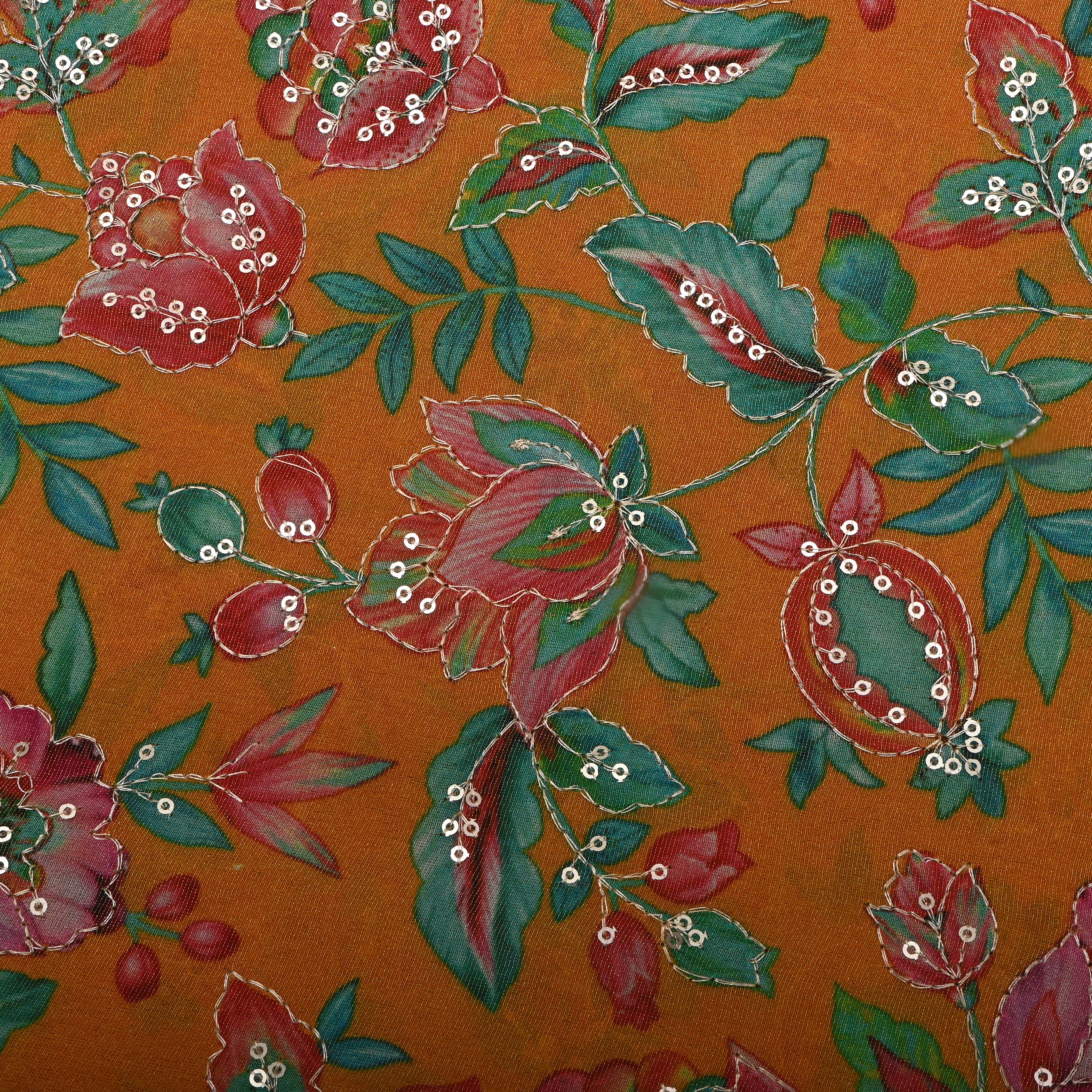 Mustard Yellow Floral Printed Tissue Fabric