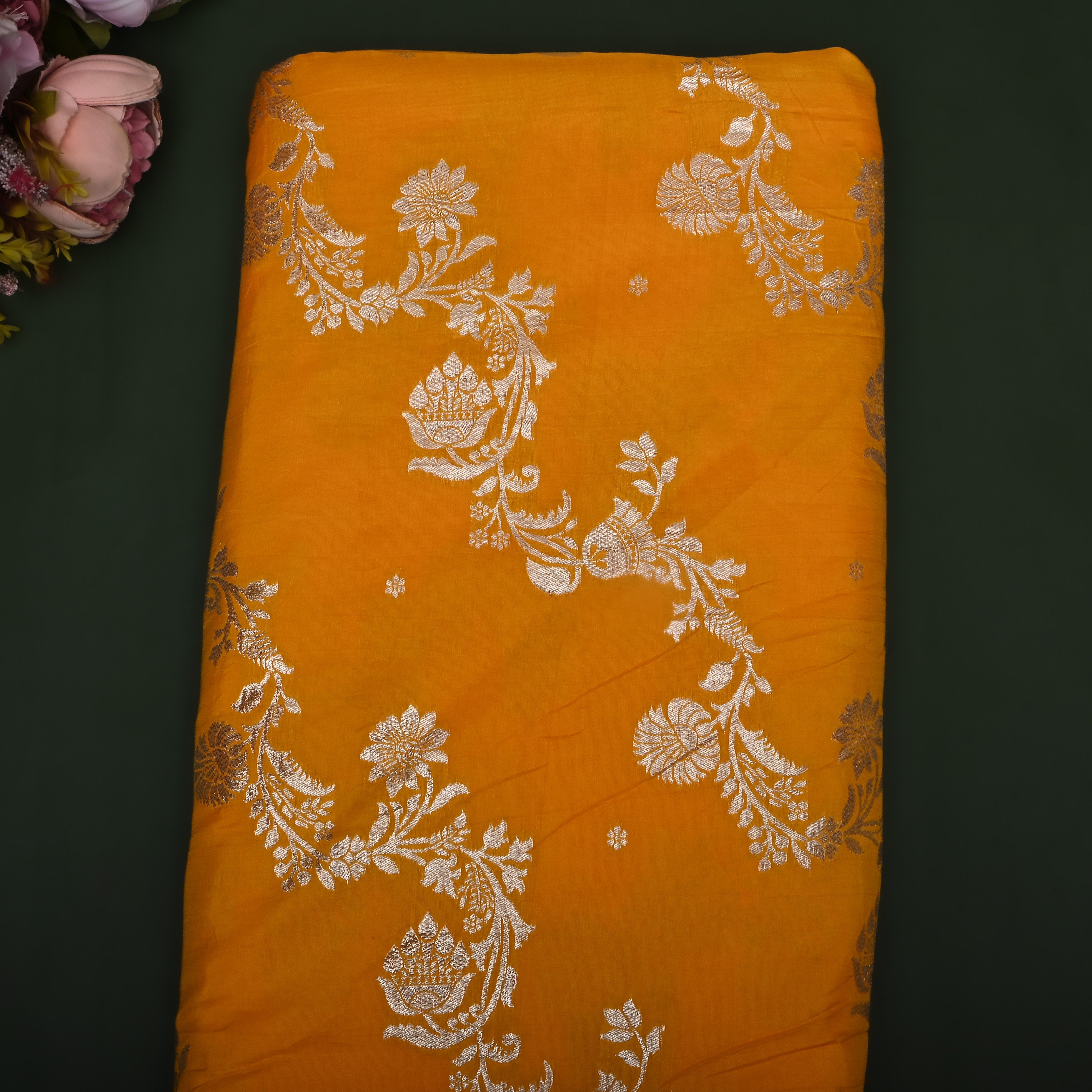Mustard Zari Embroidered Silk Fabric