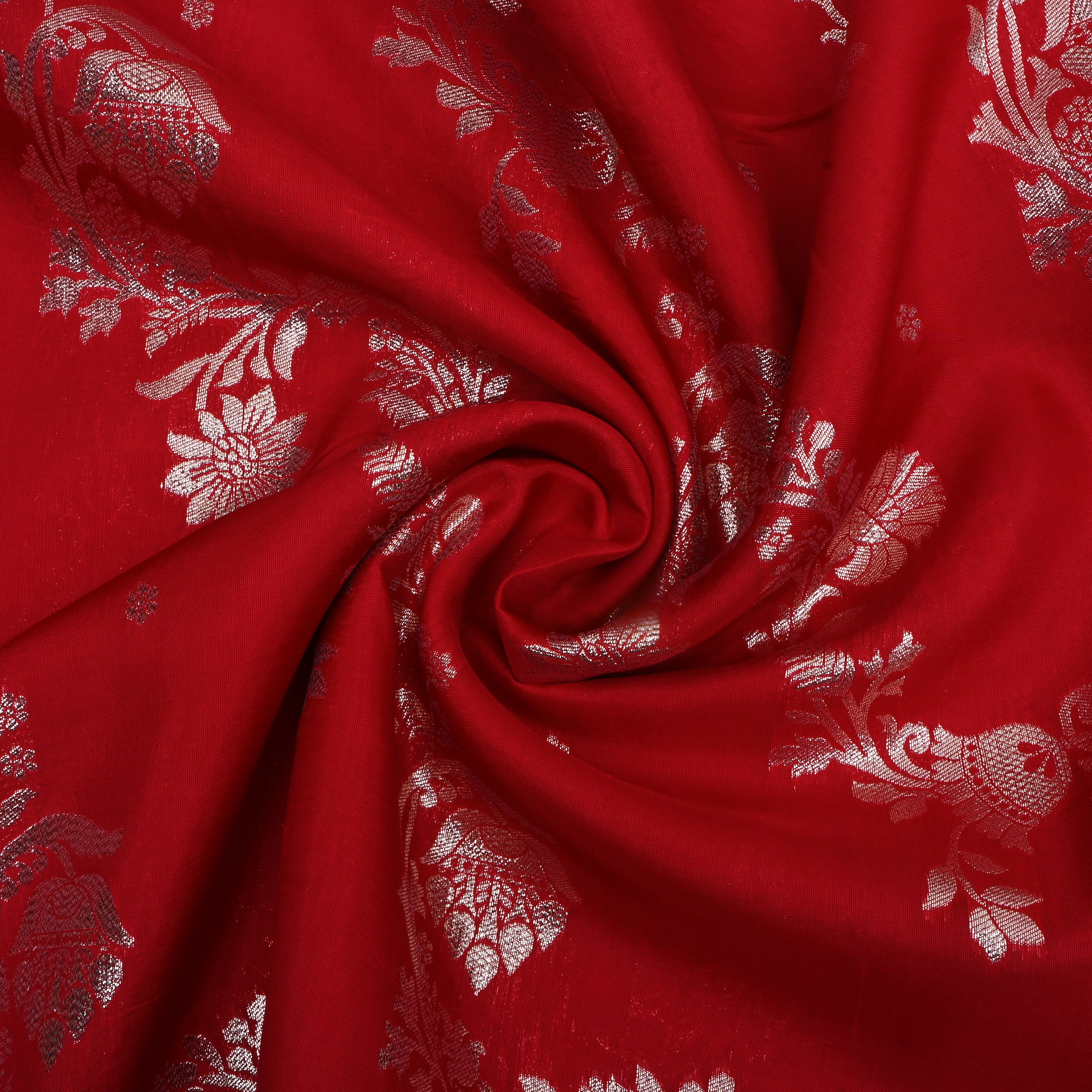 Dark Red Zari Embroidered Silk Fabric