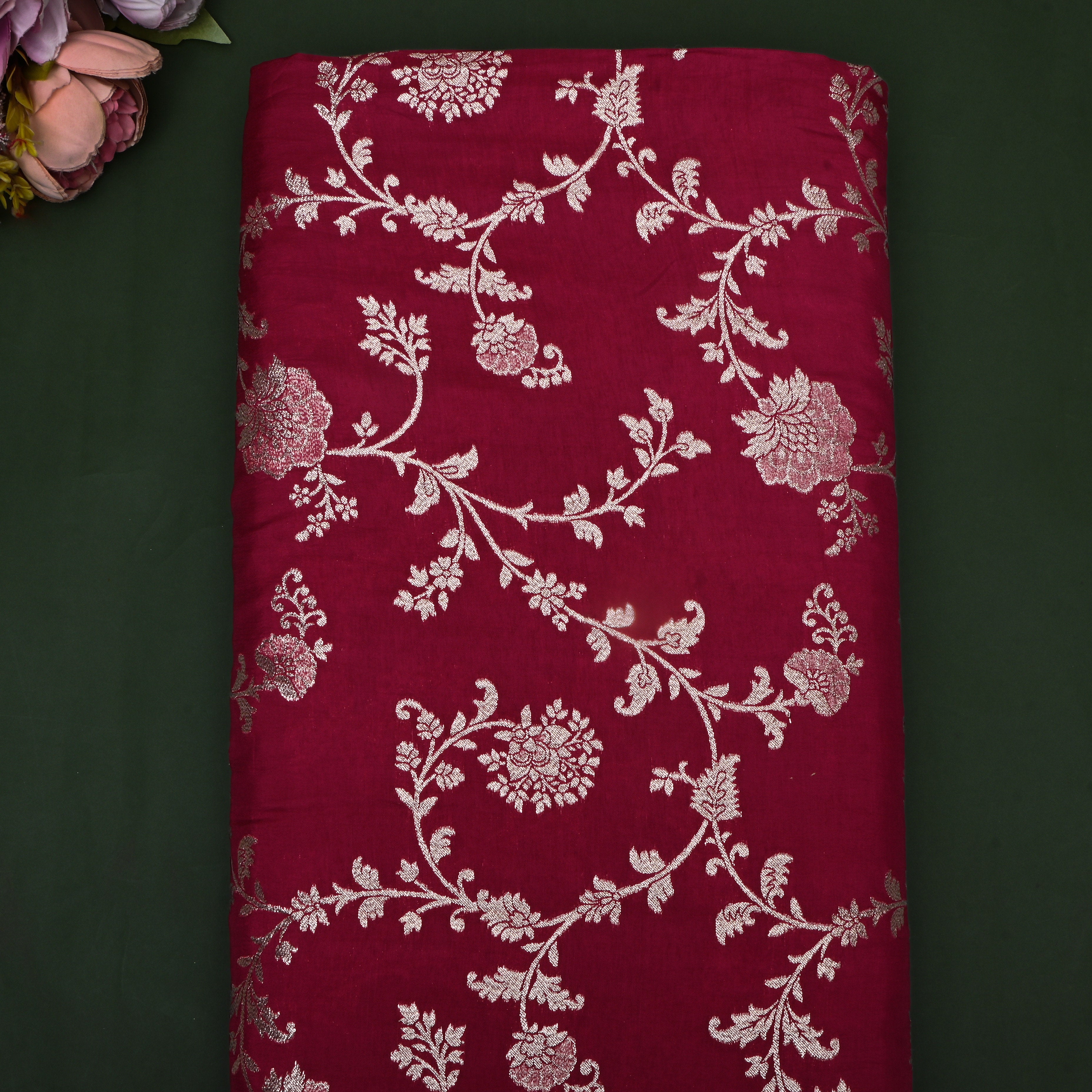 Blood Red Zari Embroidered Silk Fabric