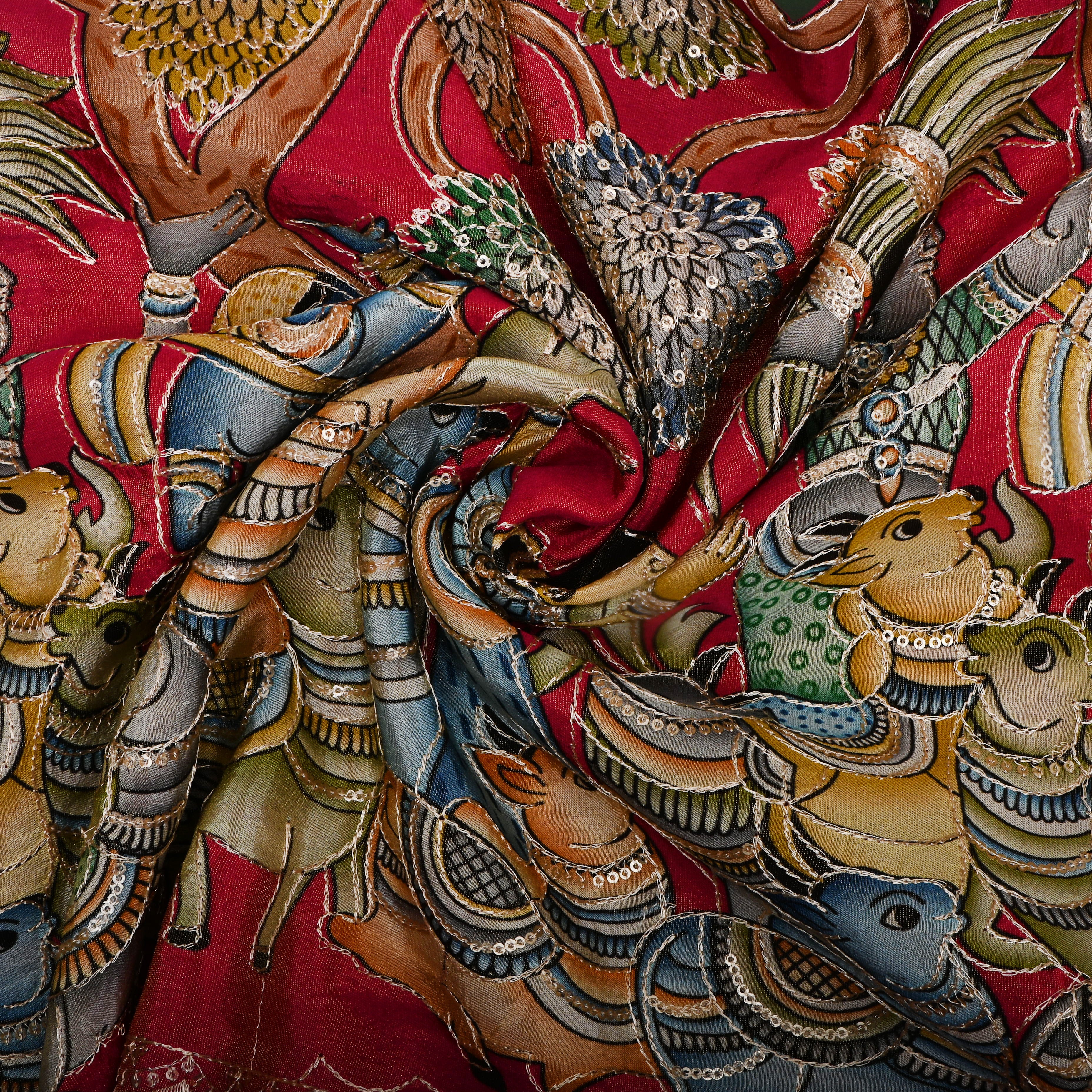 Vintage Red Pichwai Printed Tissue Fabric