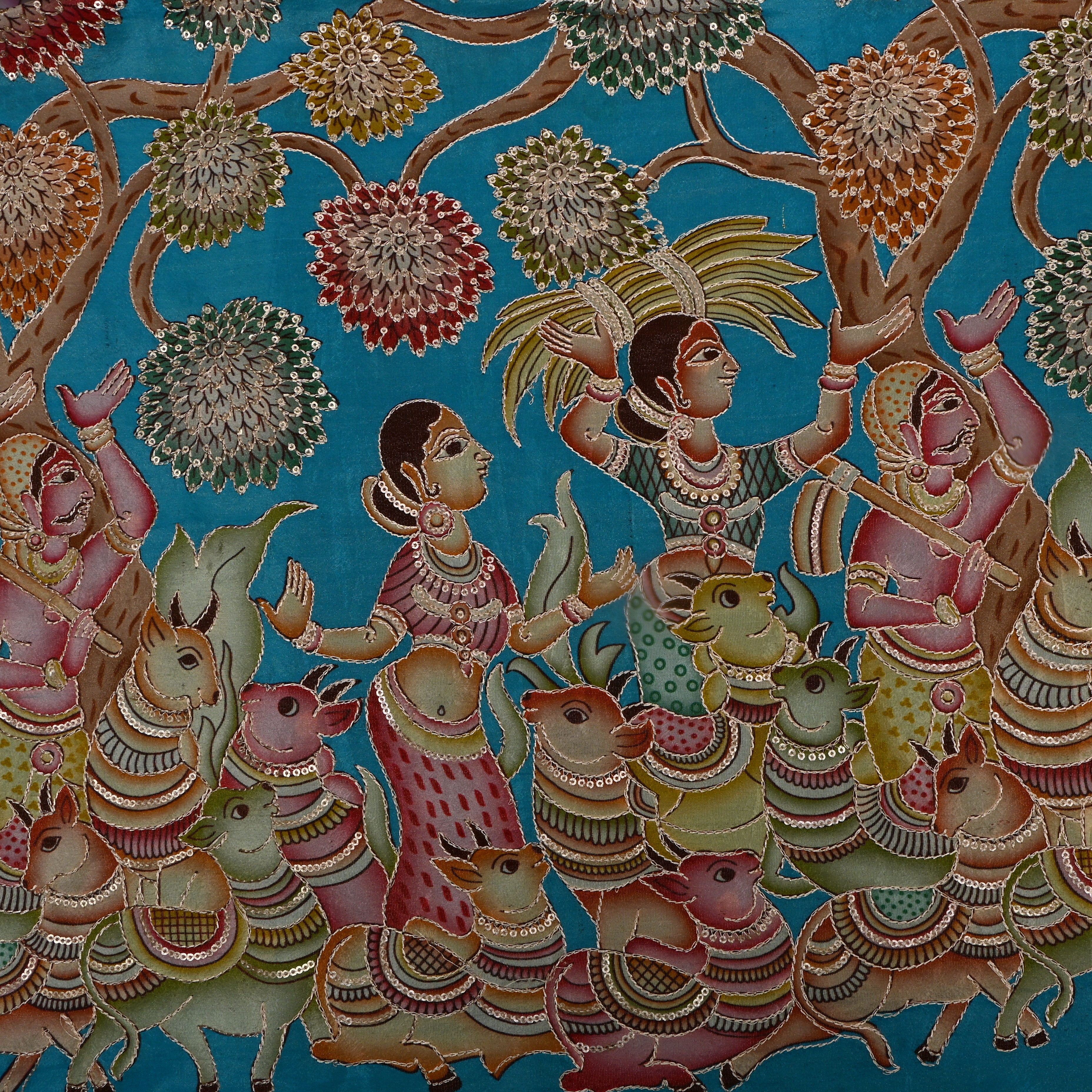 Aqua Blue Pichwai Printed Tissue Fabric