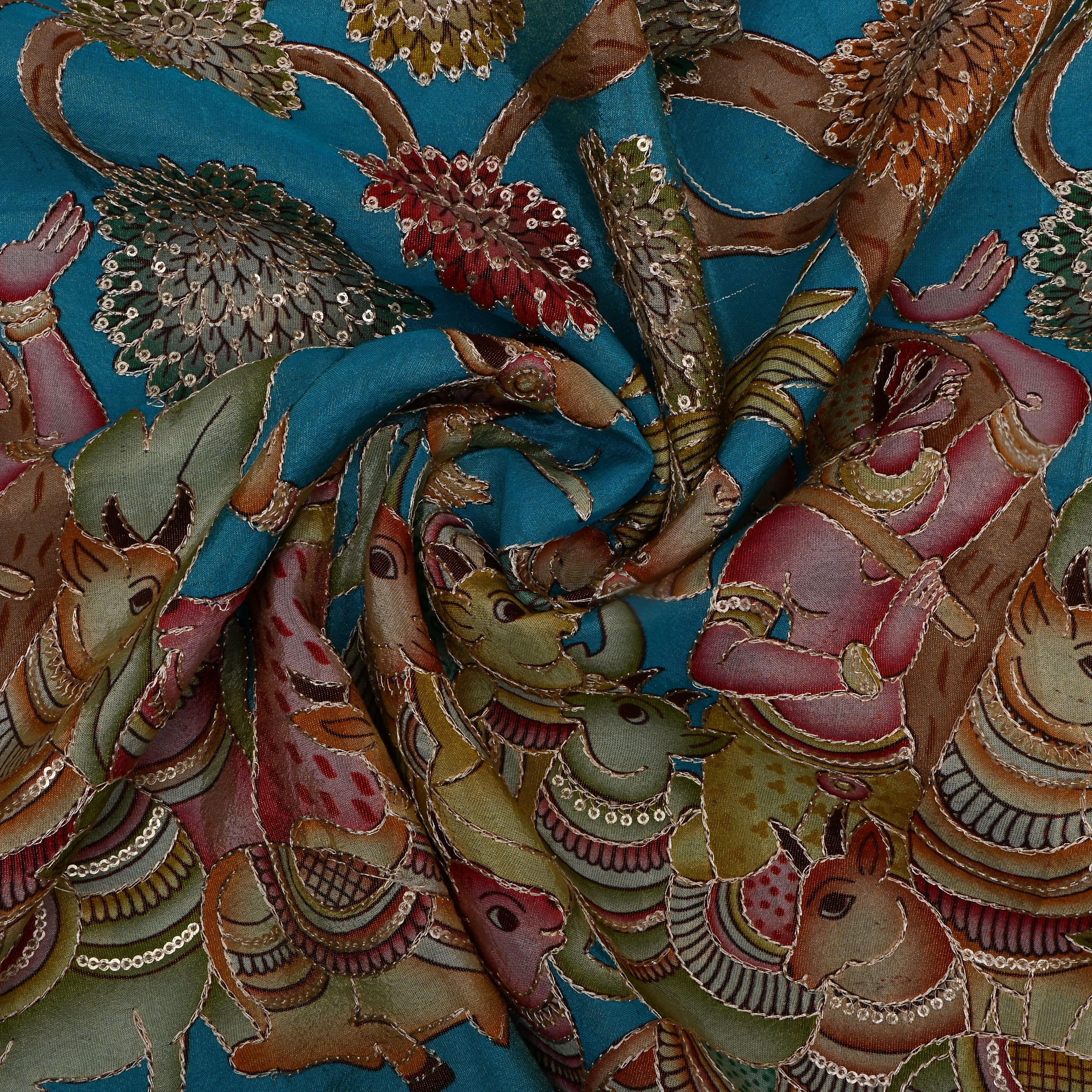 Aqua Blue Pichwai Printed Tissue Fabric