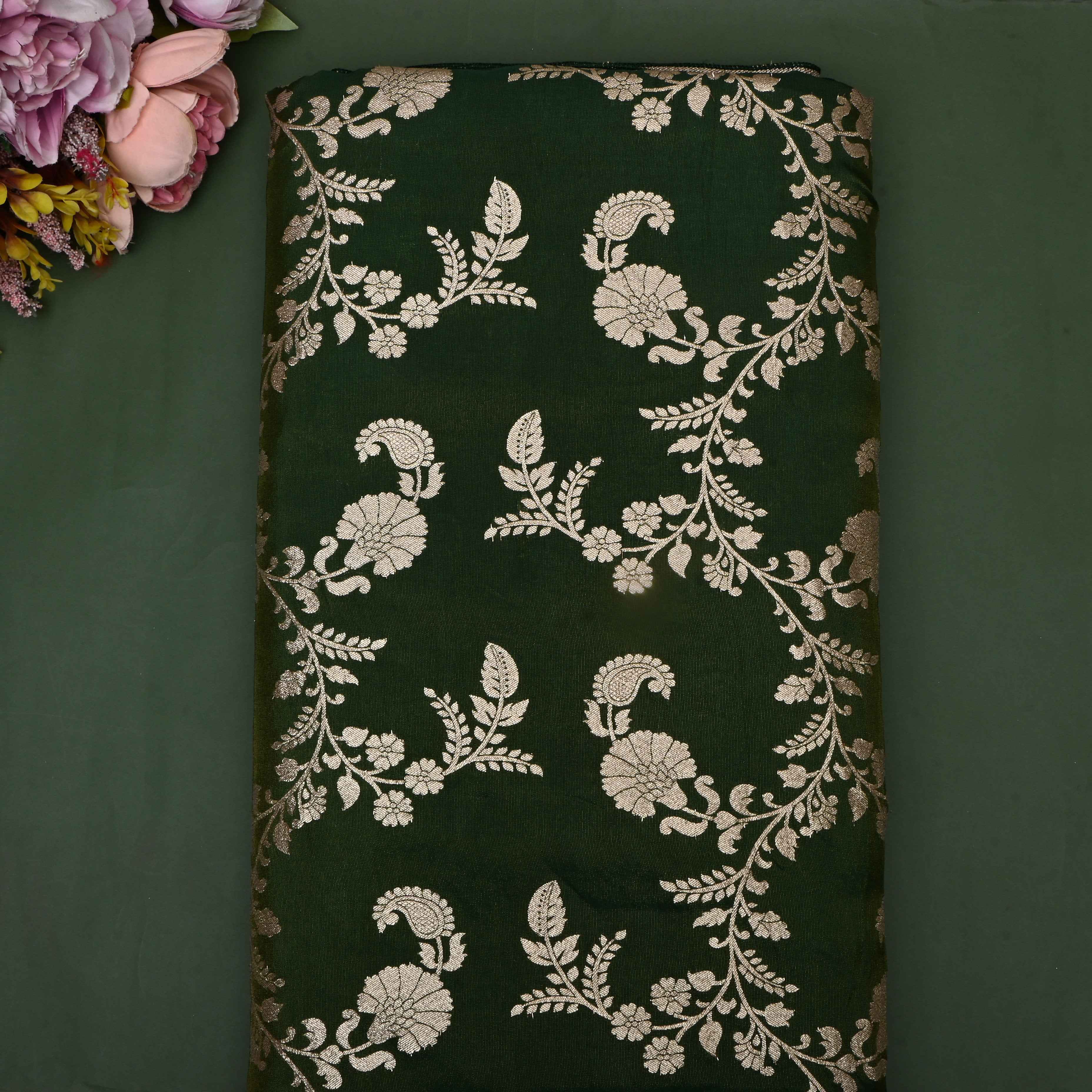 Vibrant Bottle Green Zari Woven Tissue Fabric