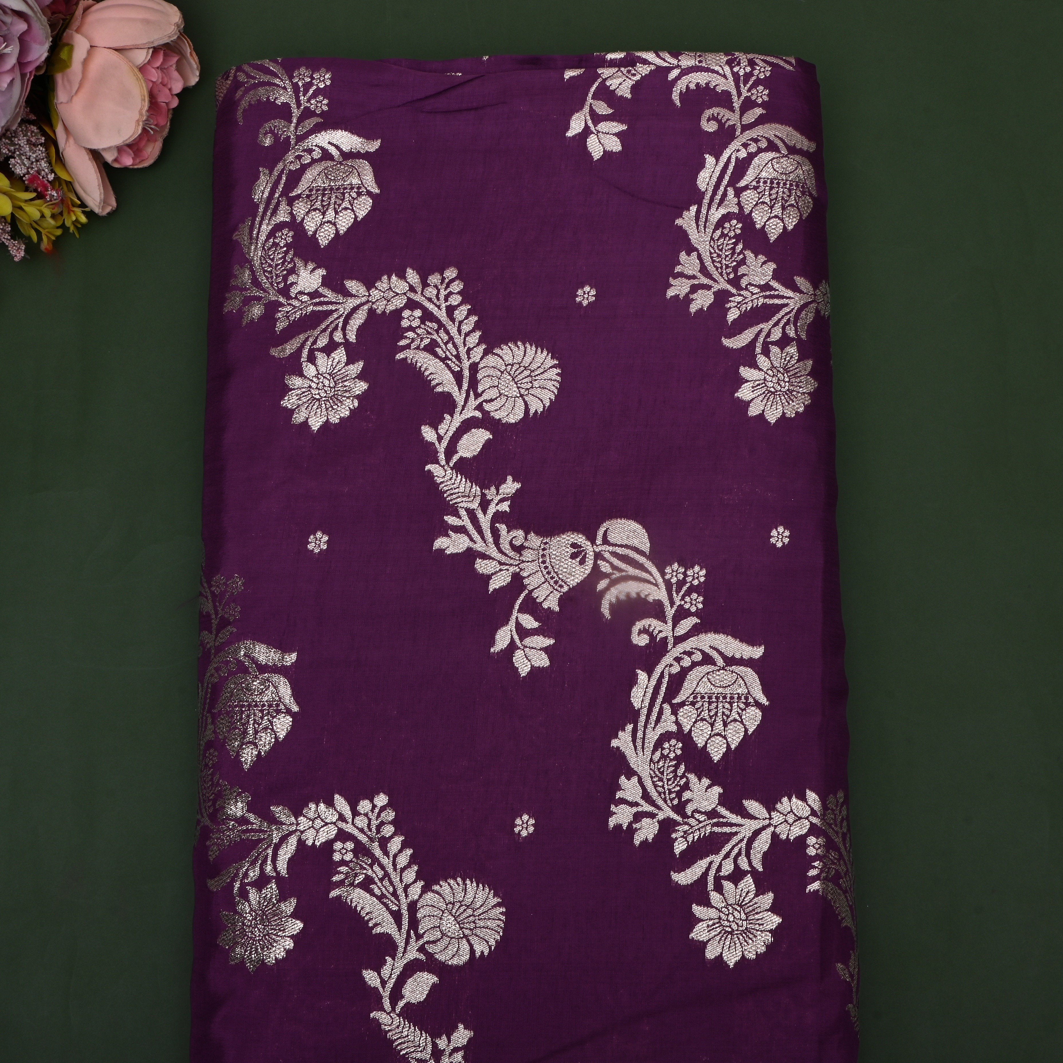 Deep Iris Purple Zari Embroidered Silk Fabric