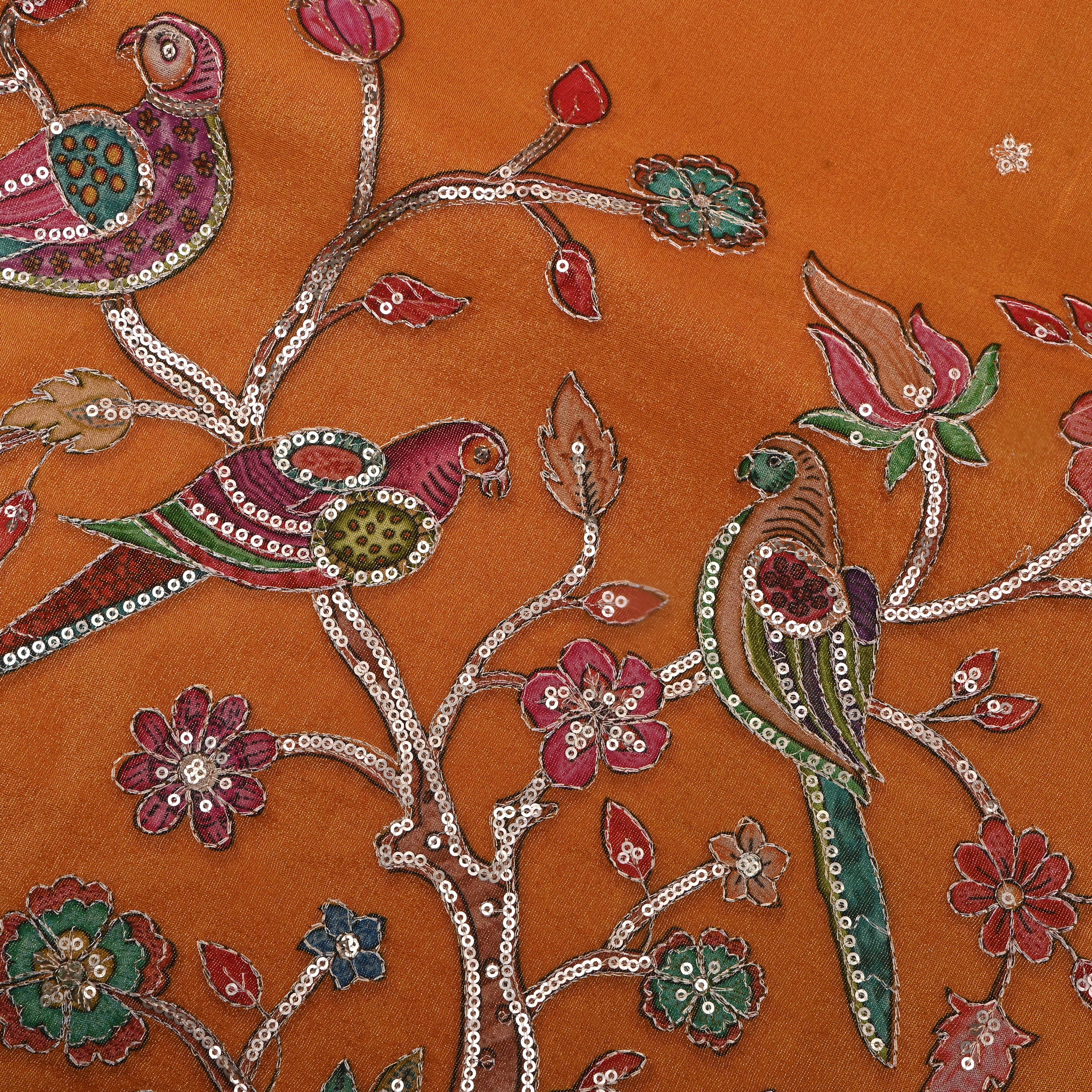 Bright Orange Kalamkari Printed Tissue Fabric