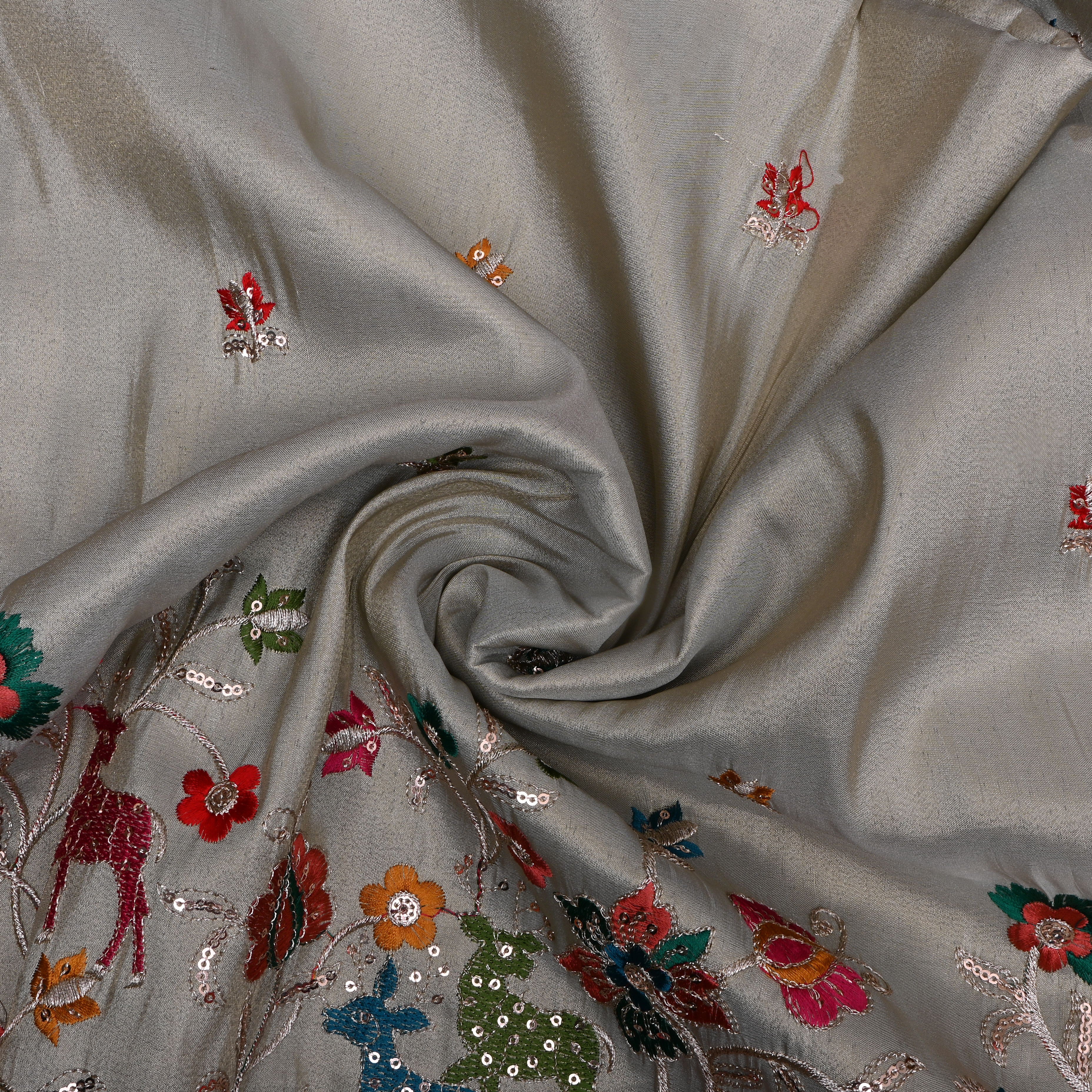 Light Gray Thread Embroidered Tissue Fabric