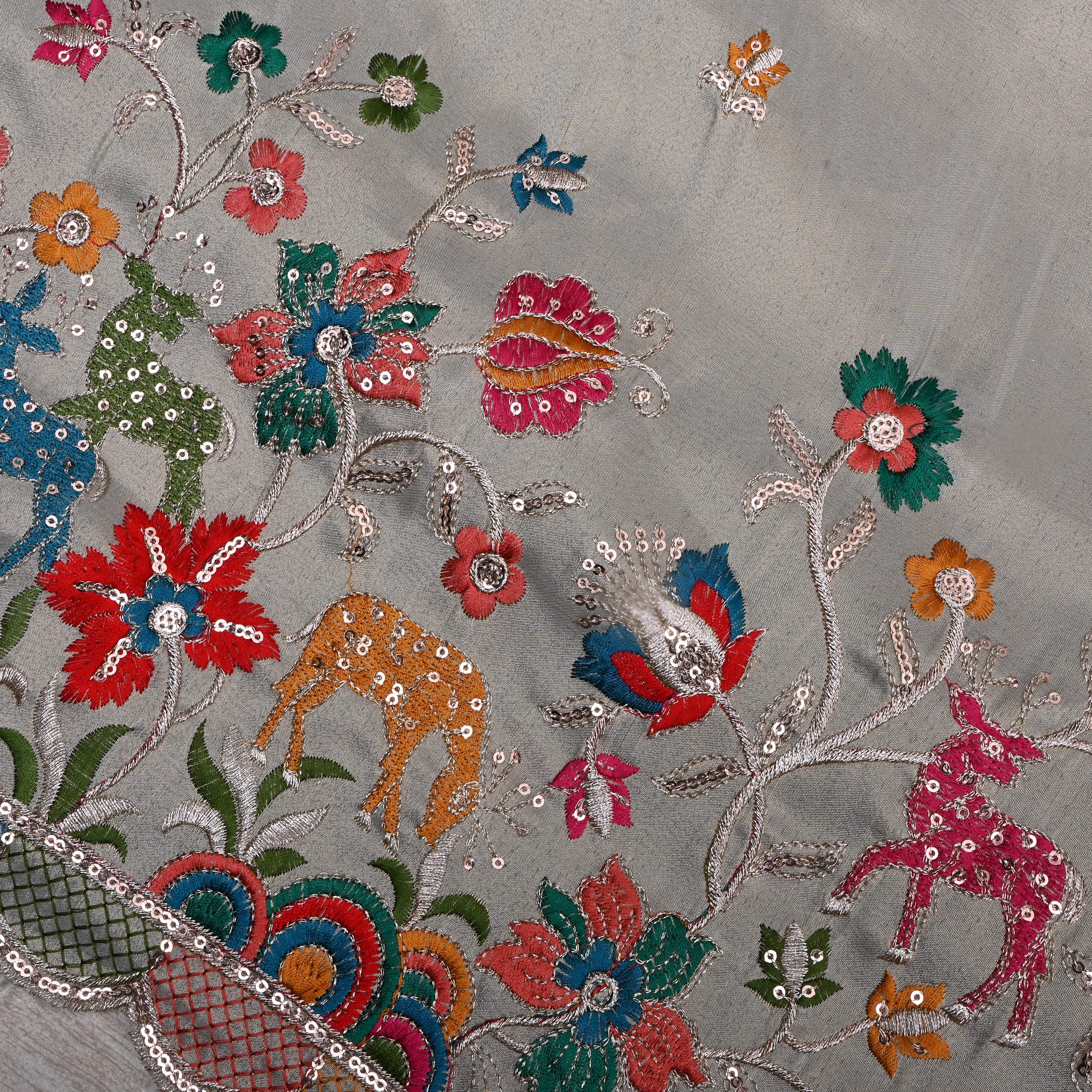 Light Gray Thread Embroidered Tissue Fabric