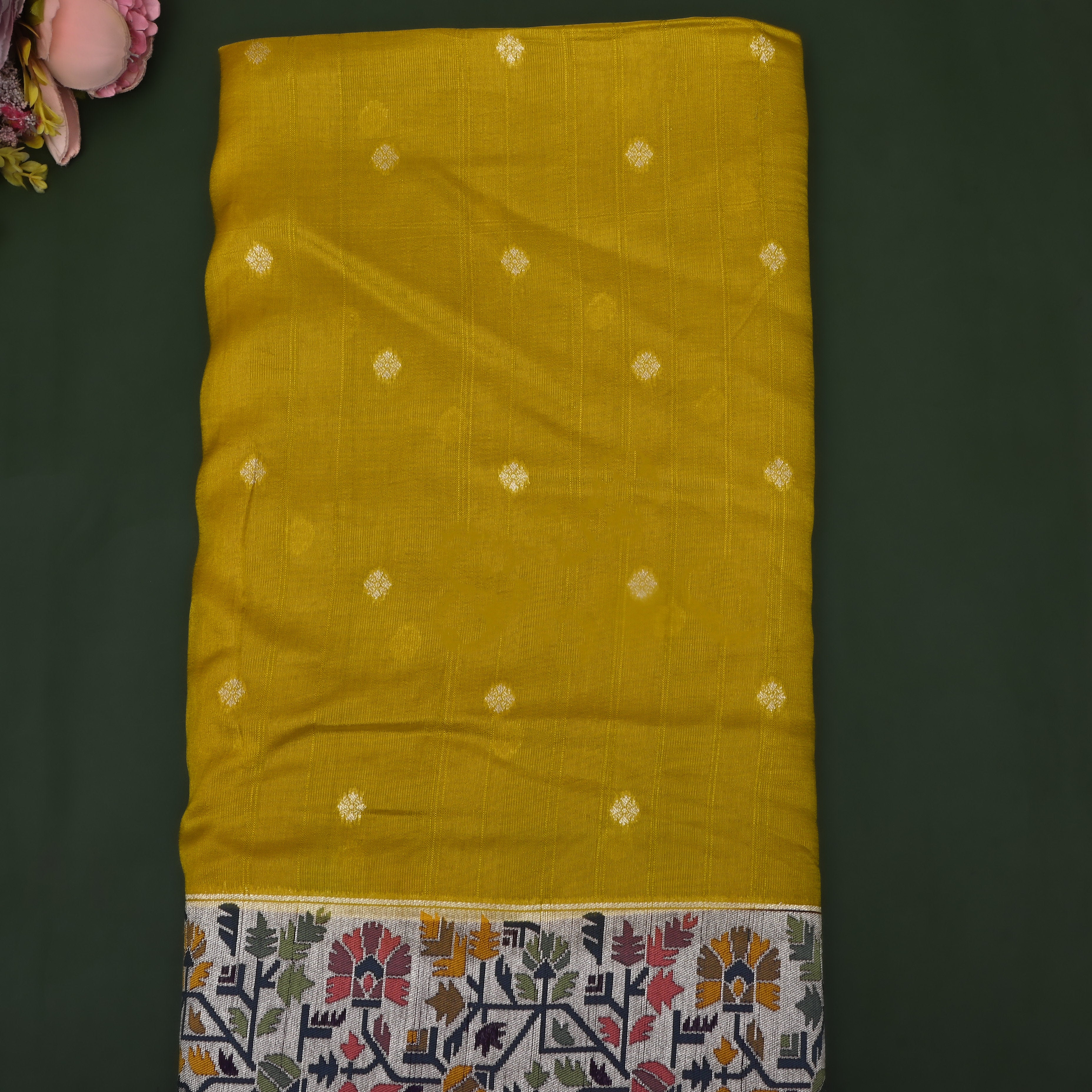 Lime Yellow Jamawar Dupion Silk Fabric