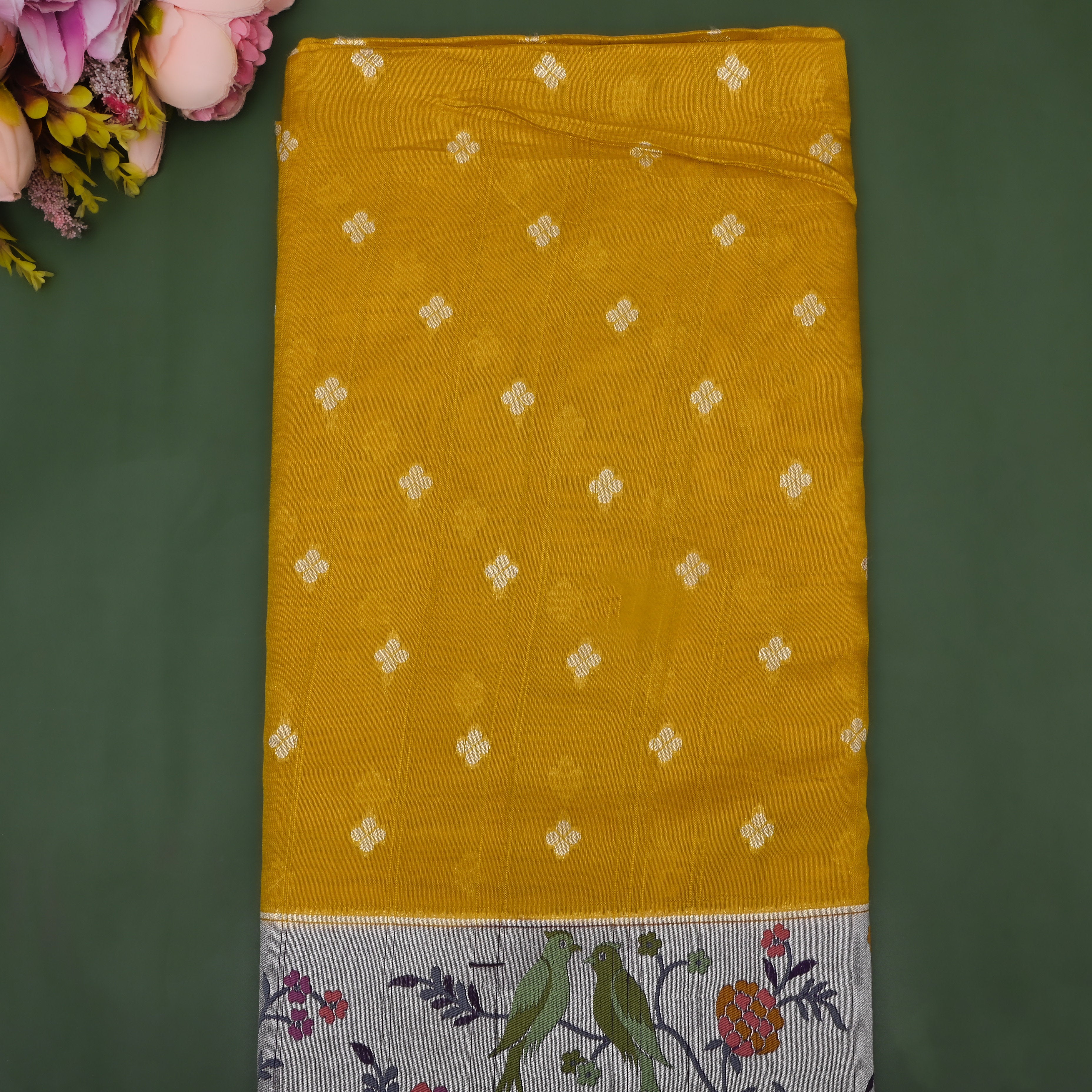 Golden Yellow Floral Jamawar Dupion Silk Fabric