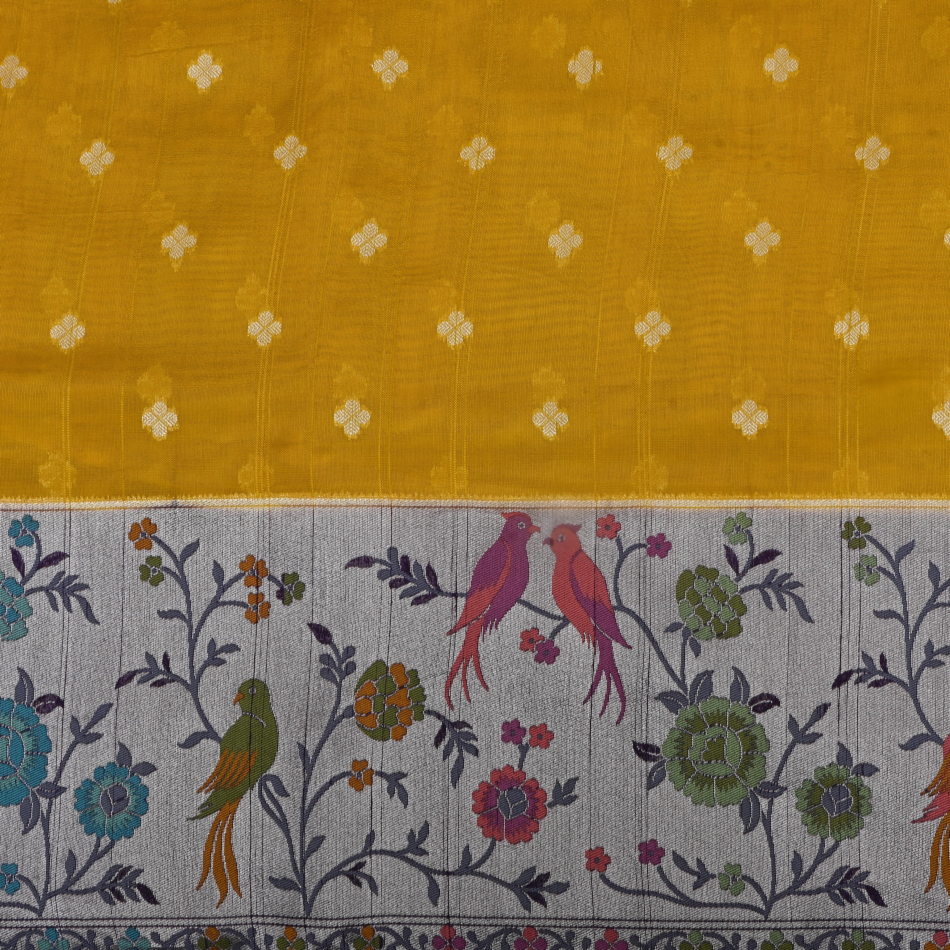 Golden Yellow Floral Jamawar Dupion Silk Fabric