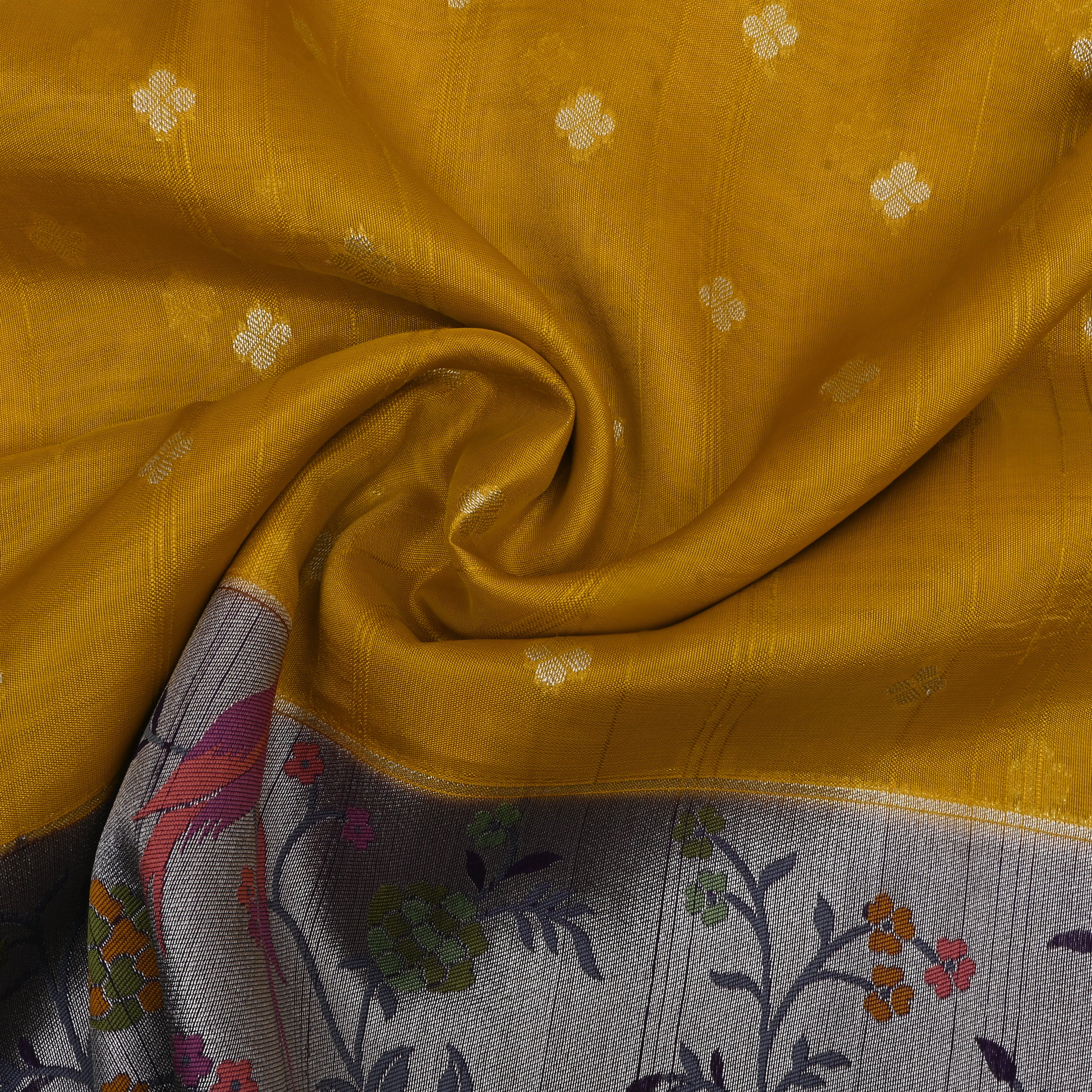Golden Yellow Floral Jamawar Dupion Silk Fabric