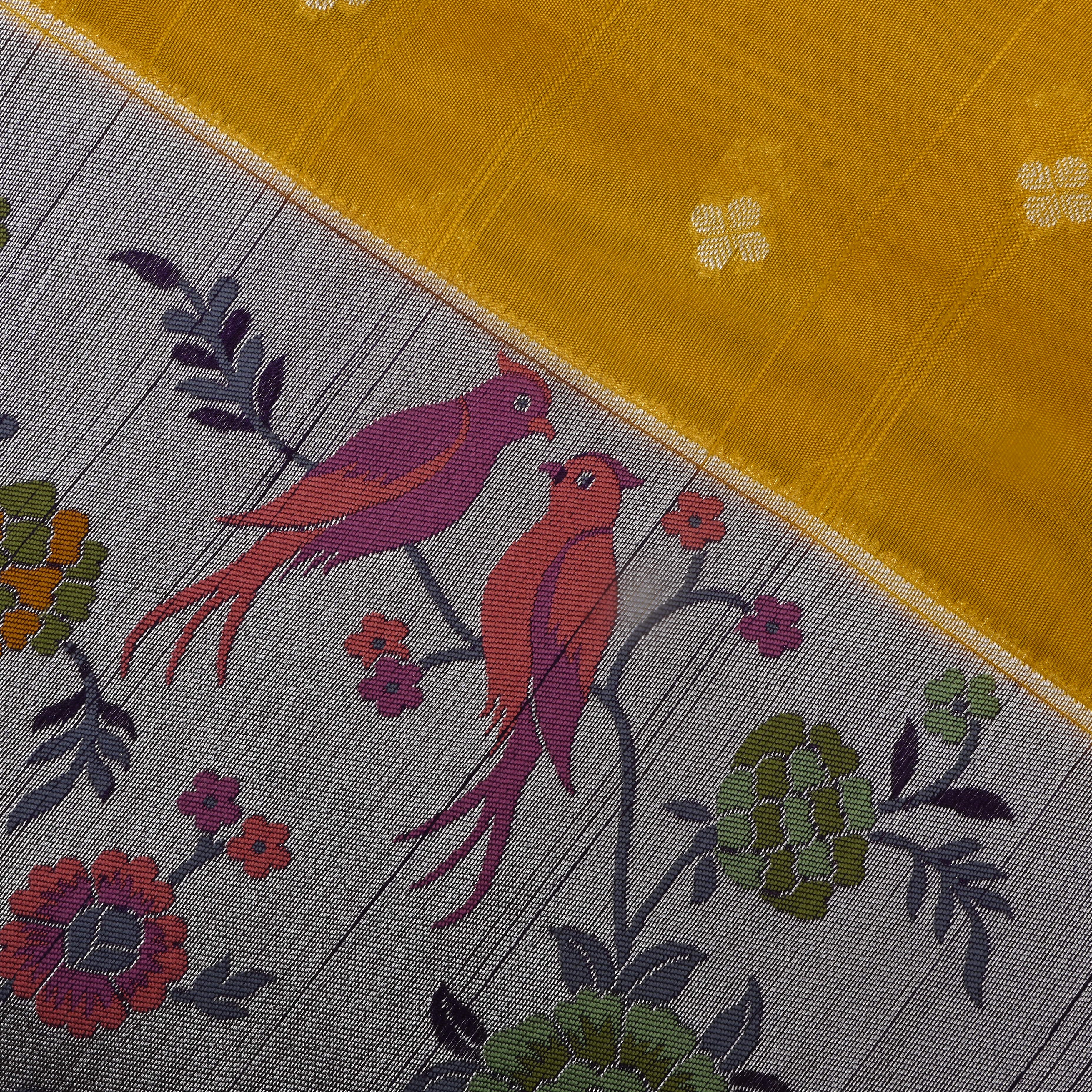 Golden Yellow Floral Jamawar Dupion Silk Fabric